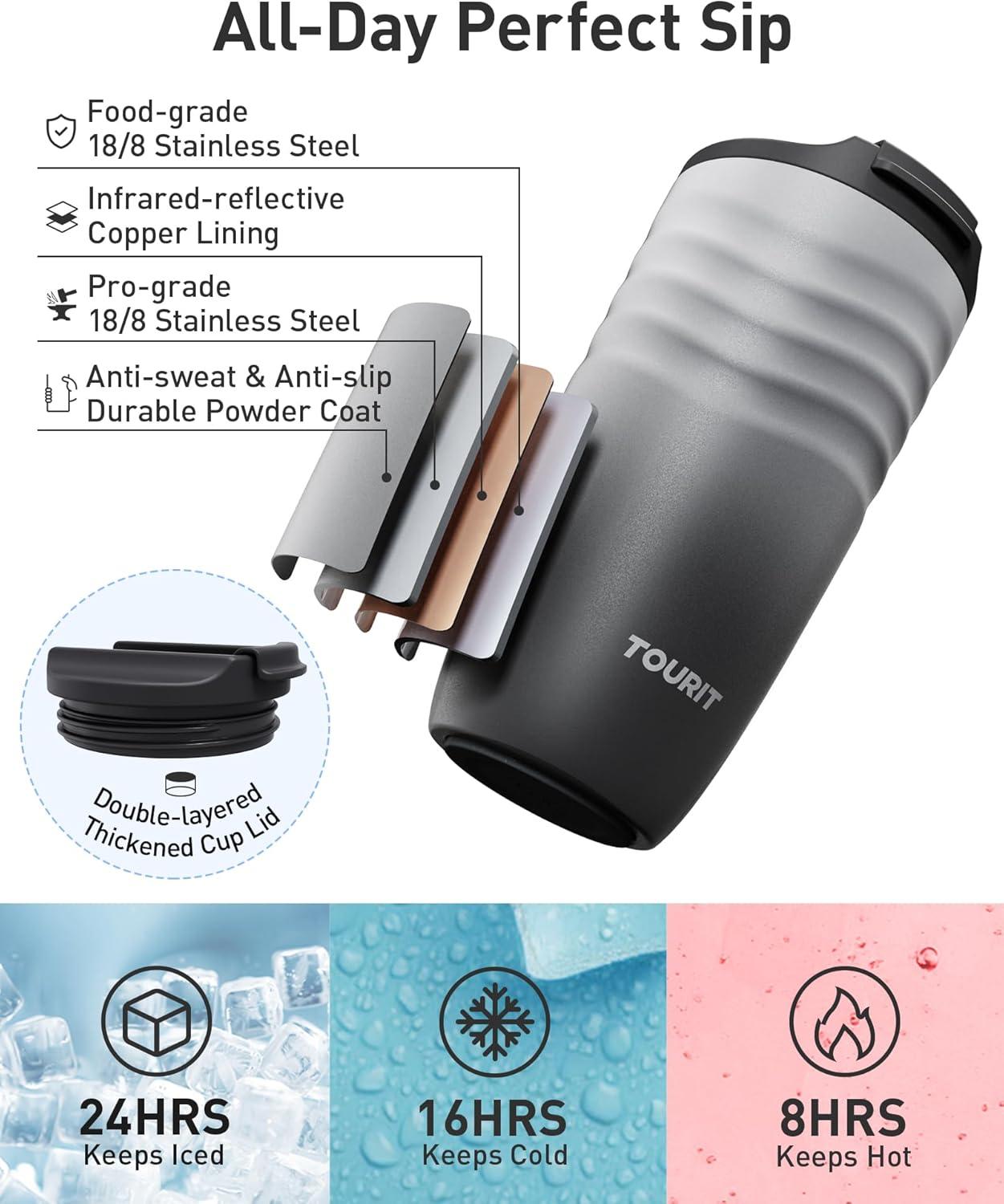 imageTOURIT 16 oz Travel Coffee Mug Insulated Stainless Steel Travel Mug with Lid LeakProof DoubleWall Vacuum Tumbler Reusable Coffee Cup  KhakiBlack