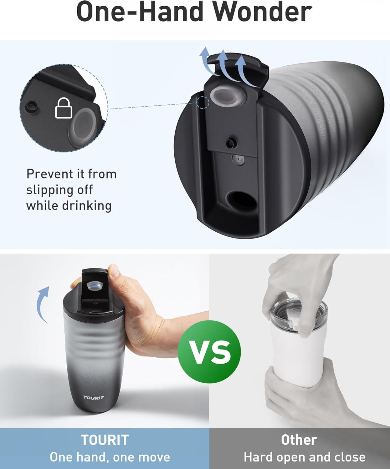 imageTOURIT 16 oz Travel Coffee Mug Insulated Stainless Steel Travel Mug with Lid LeakProof DoubleWall Vacuum Tumbler Reusable Coffee Cup  KhakiBlack