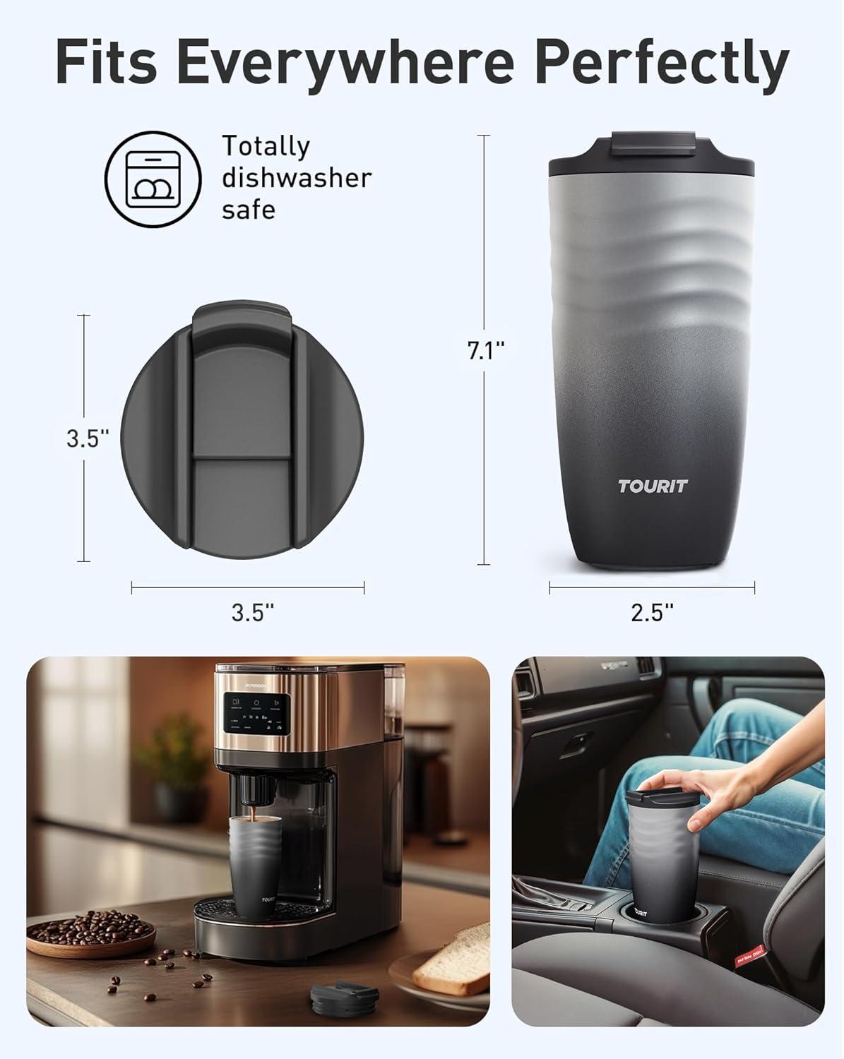 imageTOURIT 16 oz Travel Coffee Mug Insulated Stainless Steel Travel Mug with Lid LeakProof DoubleWall Vacuum Tumbler Reusable Coffee Cup  KhakiBlack