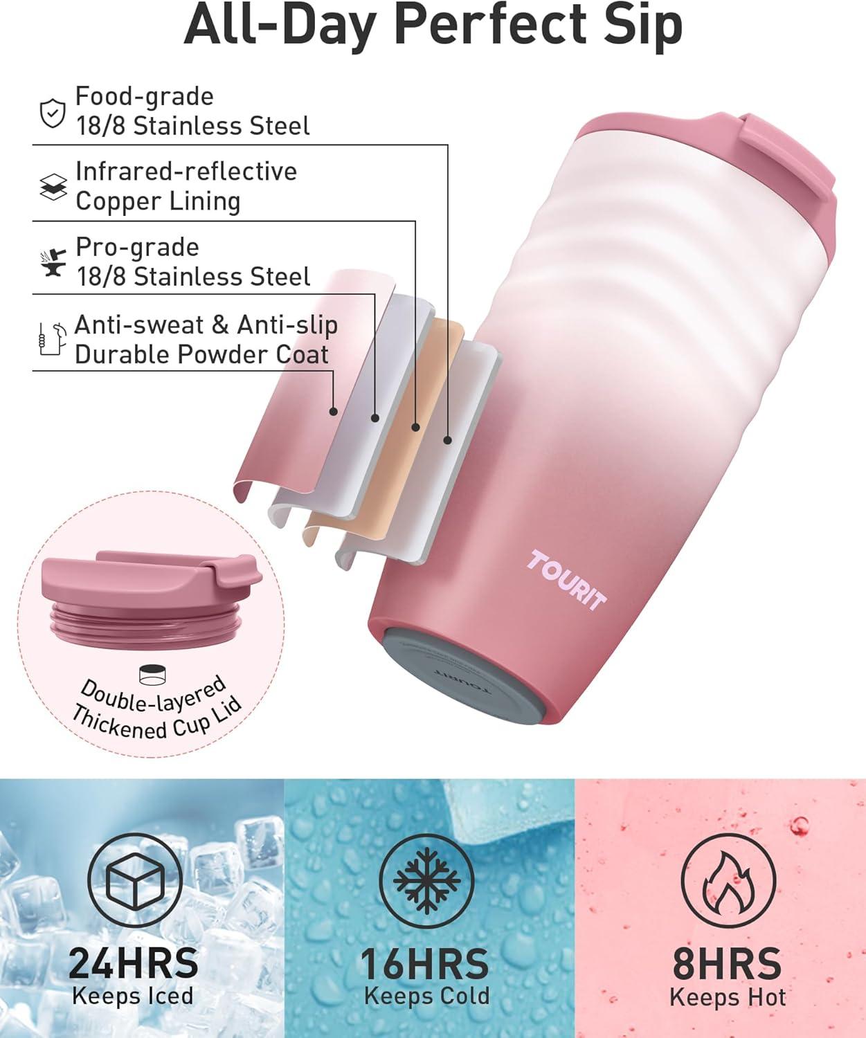 imageTOURIT 16 oz Travel Coffee Mug Insulated Stainless Steel Travel Mug with Lid LeakProof DoubleWall Vacuum Tumbler Reusable Coffee Cup  KhakiLight khaki