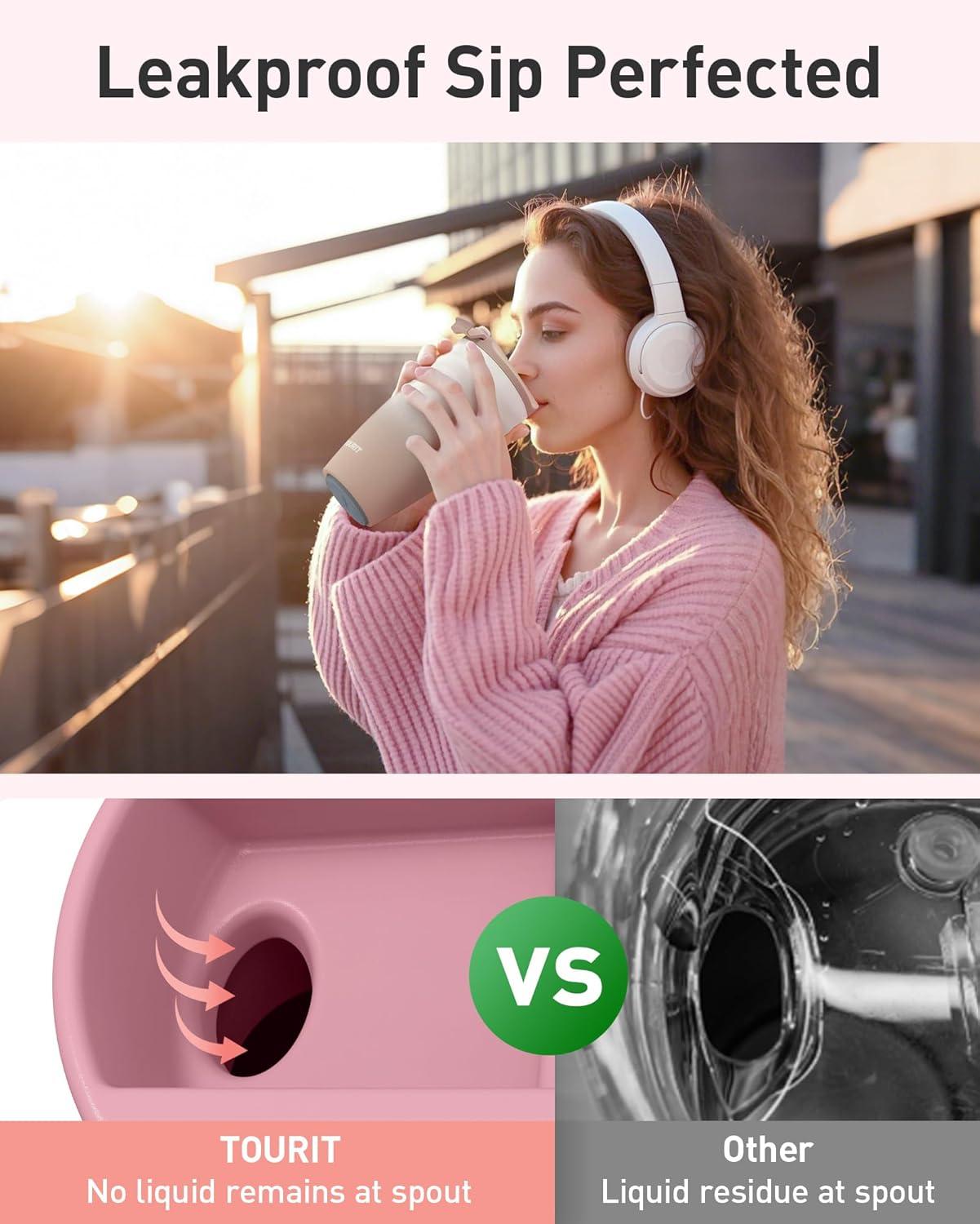 imageTOURIT 16 oz Travel Coffee Mug Insulated Stainless Steel Travel Mug with Lid LeakProof DoubleWall Vacuum Tumbler Reusable Coffee Cup  KhakiLight khaki