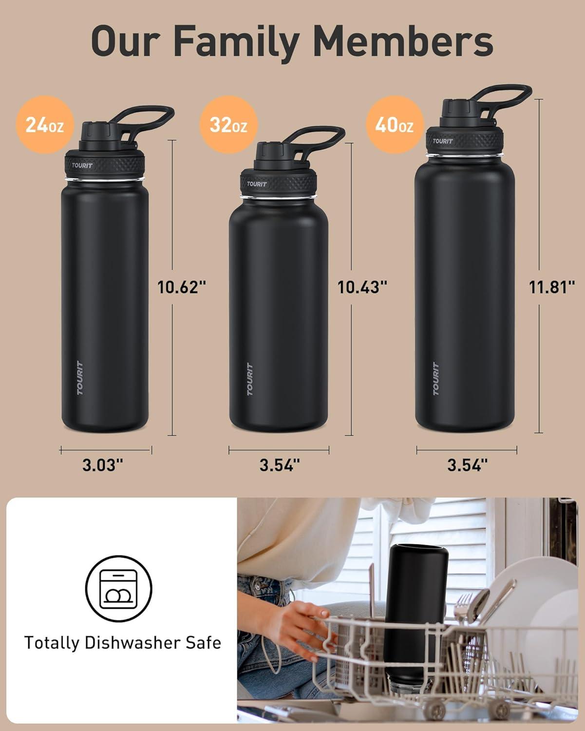 imageTOURIT 24 oz Insulated Water Bottle Stainless Steel Water Bottles With Handle DoubleWall Vacuum Sports Water Bottle BPA Free Leakproof Water Bottle BlackBlack