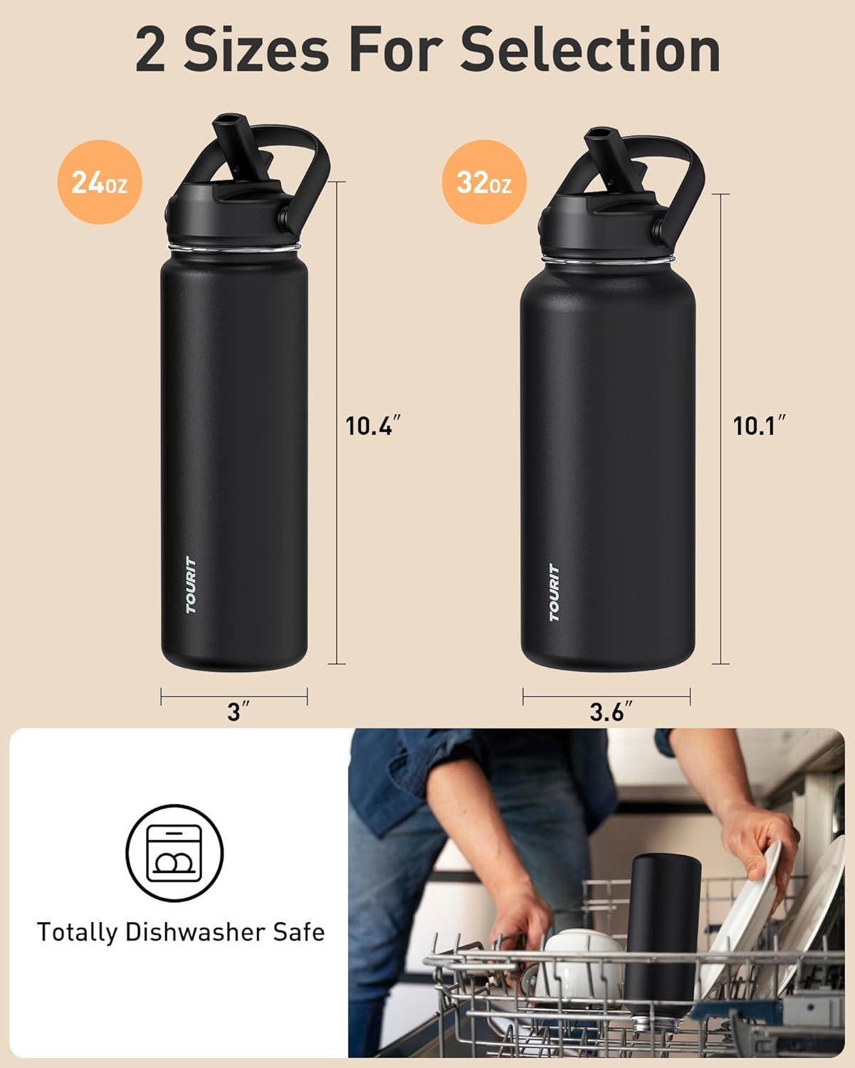 imageTOURIT 24 oz Insulated Water Bottle Stainless Steel Water Bottles With Straw Double Wall Vacuum Insulation for Cold and Hot Drinks Leak Proof BPA Free Water Flask for Sports and Travel Grey GrayGray