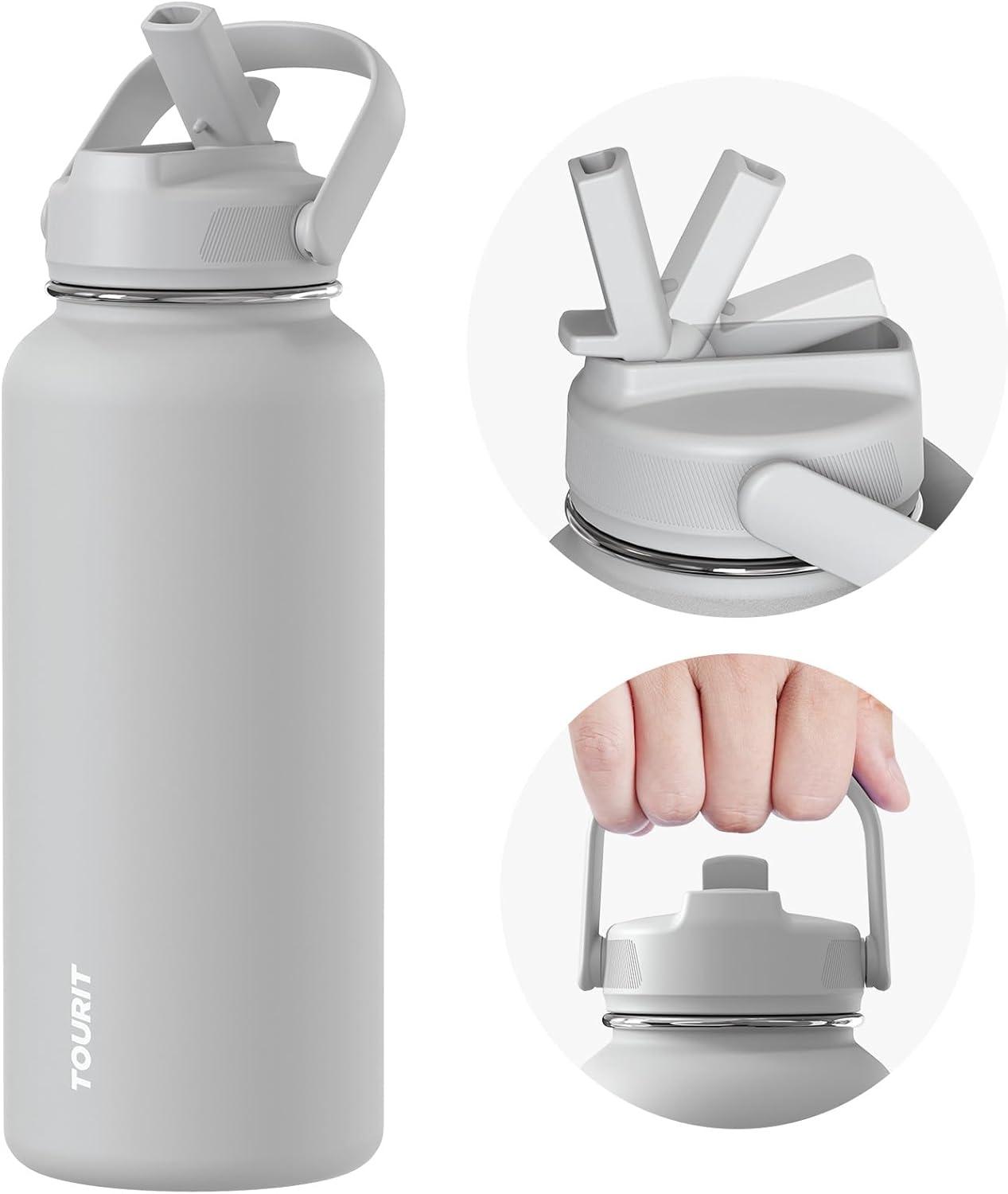 imageTOURIT 24 oz Insulated Water Bottle Stainless Steel Water Bottles With Straw Double Wall Vacuum Insulation for Cold and Hot Drinks Leak Proof BPA Free Water Flask for Sports and Travel Grey GrayGray