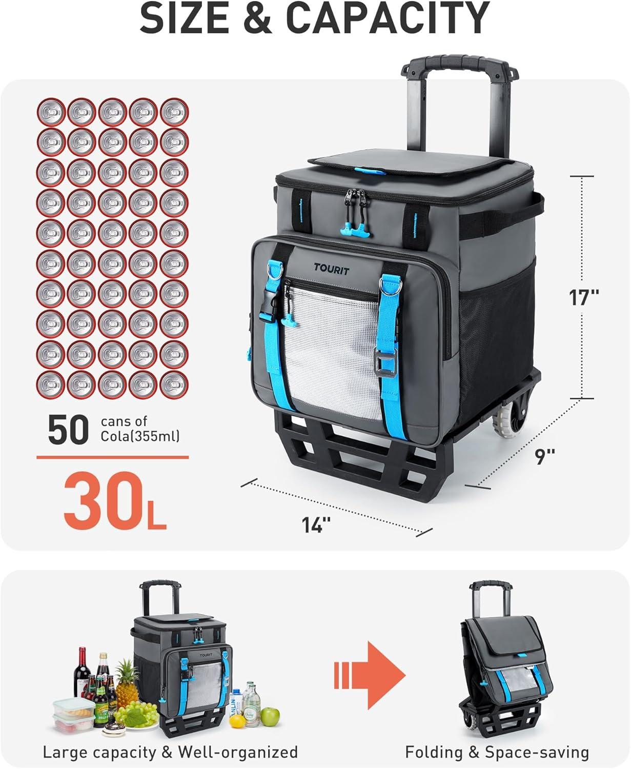 imageTOURIT 30L50Can Cooler with Wheels 16Hrs Ice Retention Rolling Cooler with Retractable Handle ampamp Oversized AllTerrain Tires PUCoated Waterproof Soft Cooler Bag for Camping Beach Travel Picnicsblack
