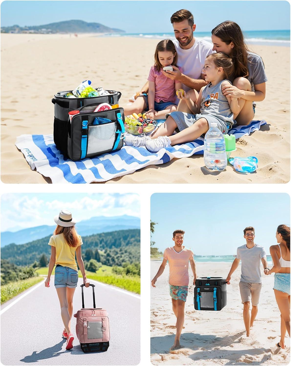 imageTOURIT 30L50Can Cooler with Wheels 16Hrs Ice Retention Rolling Cooler with Retractable Handle ampamp Oversized AllTerrain Tires PUCoated Waterproof Soft Cooler Bag for Camping Beach Travel Picnicsblack