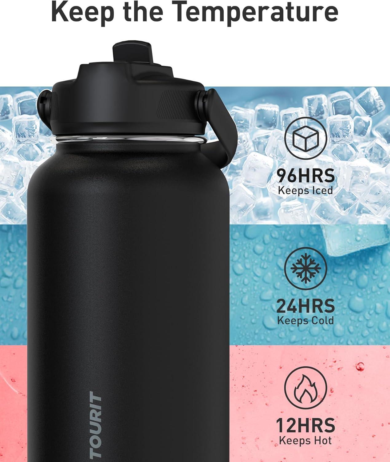 imageTOURIT 32 oz Insulated Water Bottle Stainless Steel Sports Water Bottles With Top Handle DoubleWall Travel Thermal Water Flask BPA Free Leakproof Water Bottle for Sports and Travel ObsidianPinkStraw