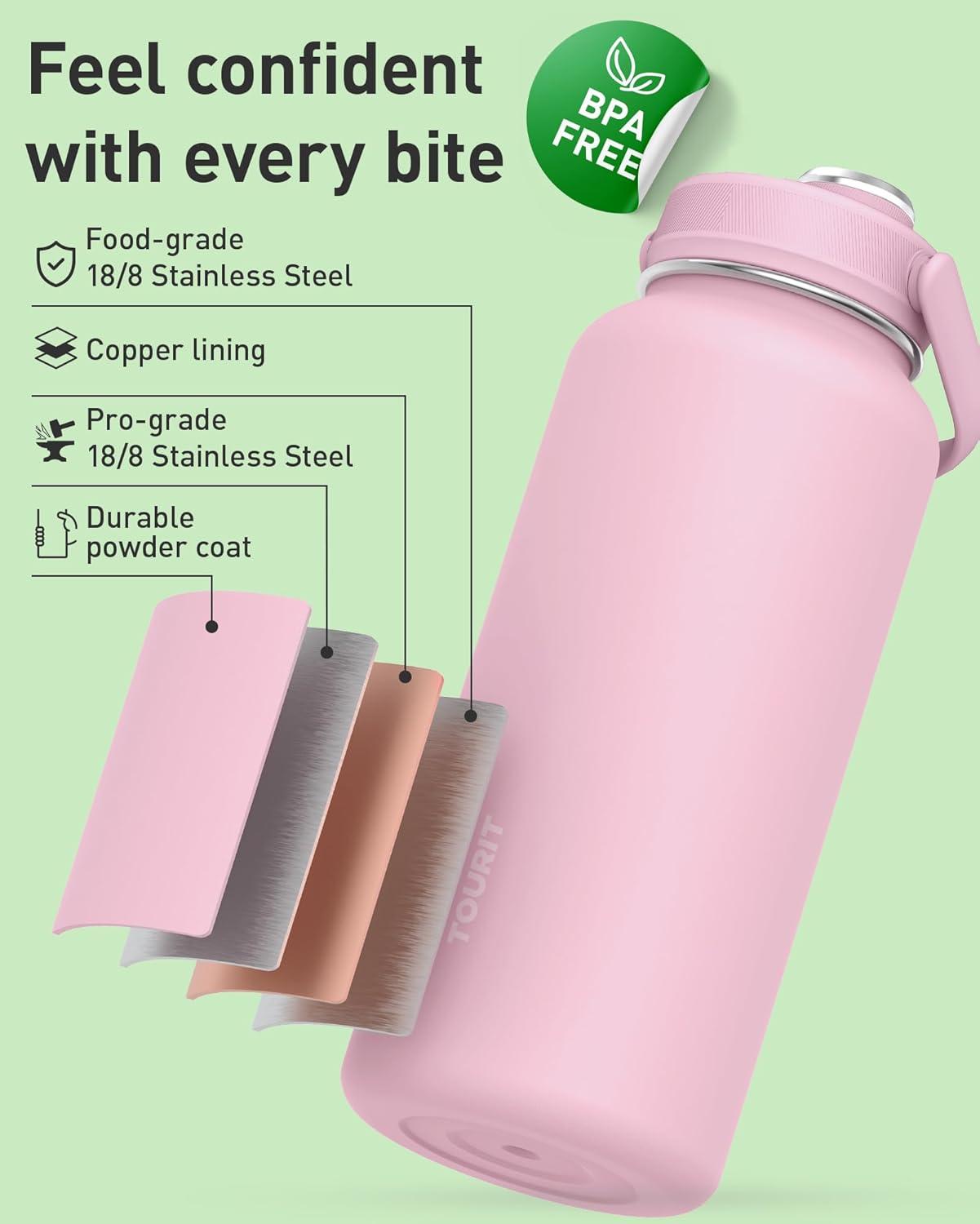 imageTOURIT 32 oz Insulated Water Bottle Stainless Steel Sports Water Bottles With Top Handle DoubleWall Travel Thermal Water Flask BPA Free Leakproof Water Bottle for Sports and Travel ObsidianPink