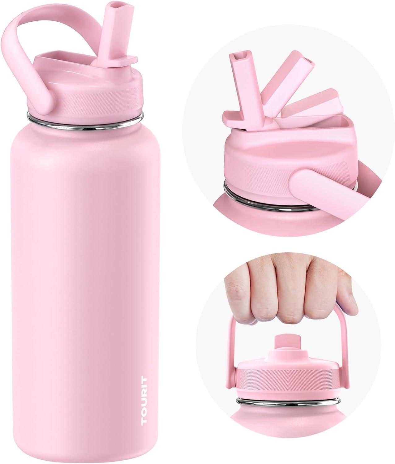 imageTOURIT 32 oz Insulated Water Bottle Stainless Steel Sports Water Bottles With Top Handle DoubleWall Travel Thermal Water Flask BPA Free Leakproof Water Bottle for Sports and Travel ObsidianPinkStraw