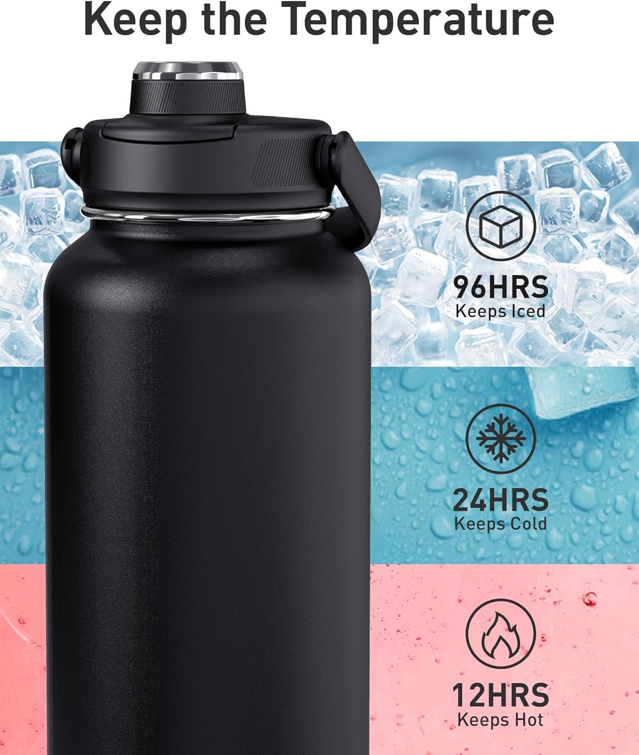 imageTOURIT 32 oz Insulated Water Bottle Stainless Steel Sports Water Bottles With Top Handle DoubleWall Travel Thermal Water Flask BPA Free Leakproof Water Bottle for Sports and Travel ObsidianPink