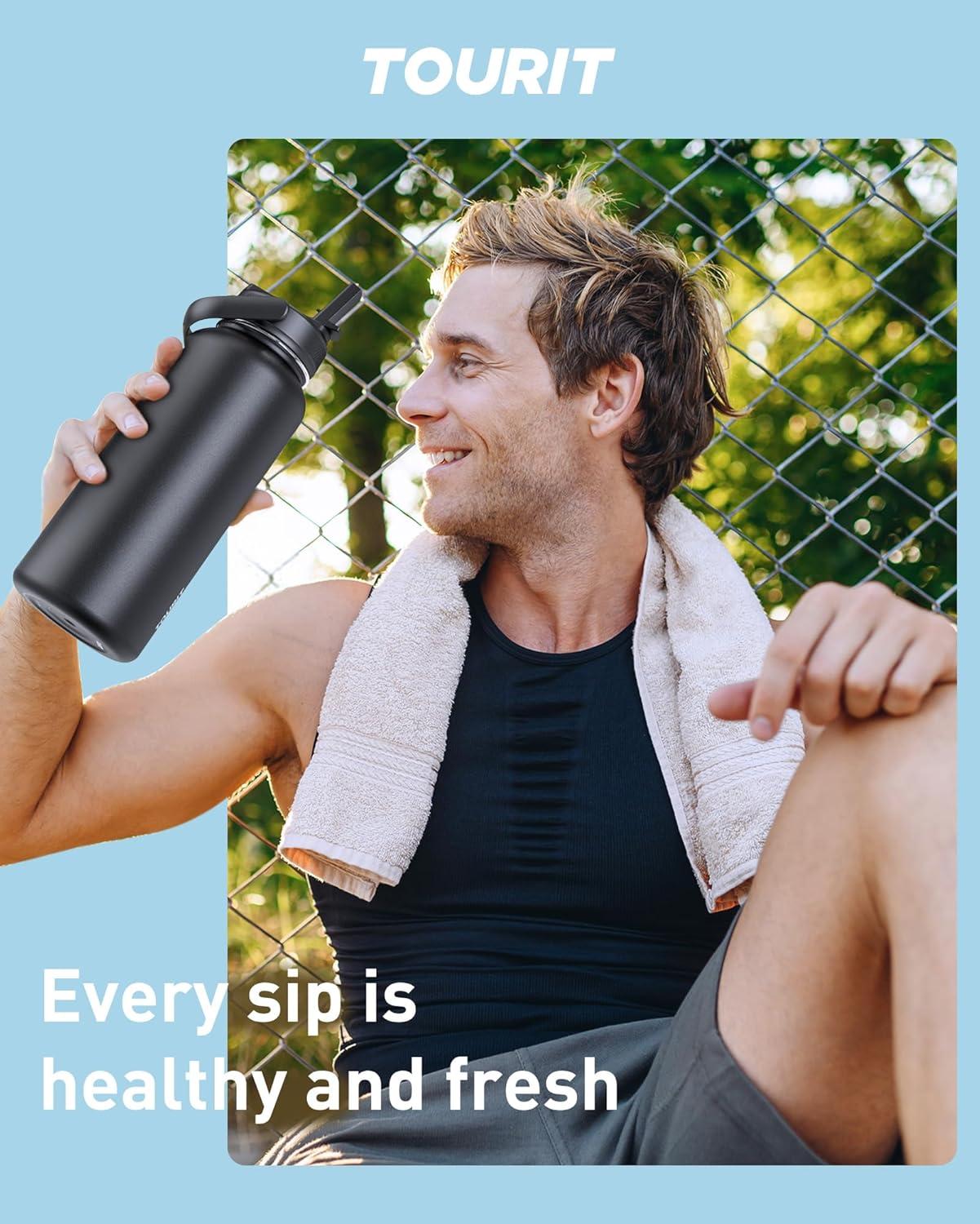 imageTOURIT 32 oz Insulated Water Bottle Stainless Steel Sports Water Bottles With Top Handle DoubleWall Travel Thermal Water Flask BPA Free Leakproof Water Bottle for Sports and Travel ObsidianPinkStraw
