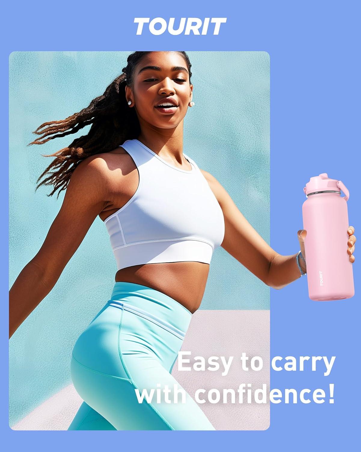 imageTOURIT 32 oz Insulated Water Bottle Stainless Steel Sports Water Bottles With Top Handle DoubleWall Travel Thermal Water Flask BPA Free Leakproof Water Bottle for Sports and Travel ObsidianPinkStraw