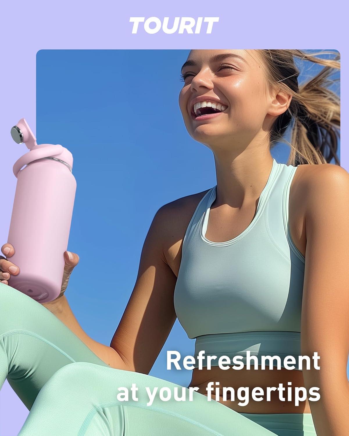 imageTOURIT 32 oz Insulated Water Bottle Stainless Steel Sports Water Bottles With Top Handle DoubleWall Travel Thermal Water Flask BPA Free Leakproof Water Bottle for Sports and Travel ObsidianPink