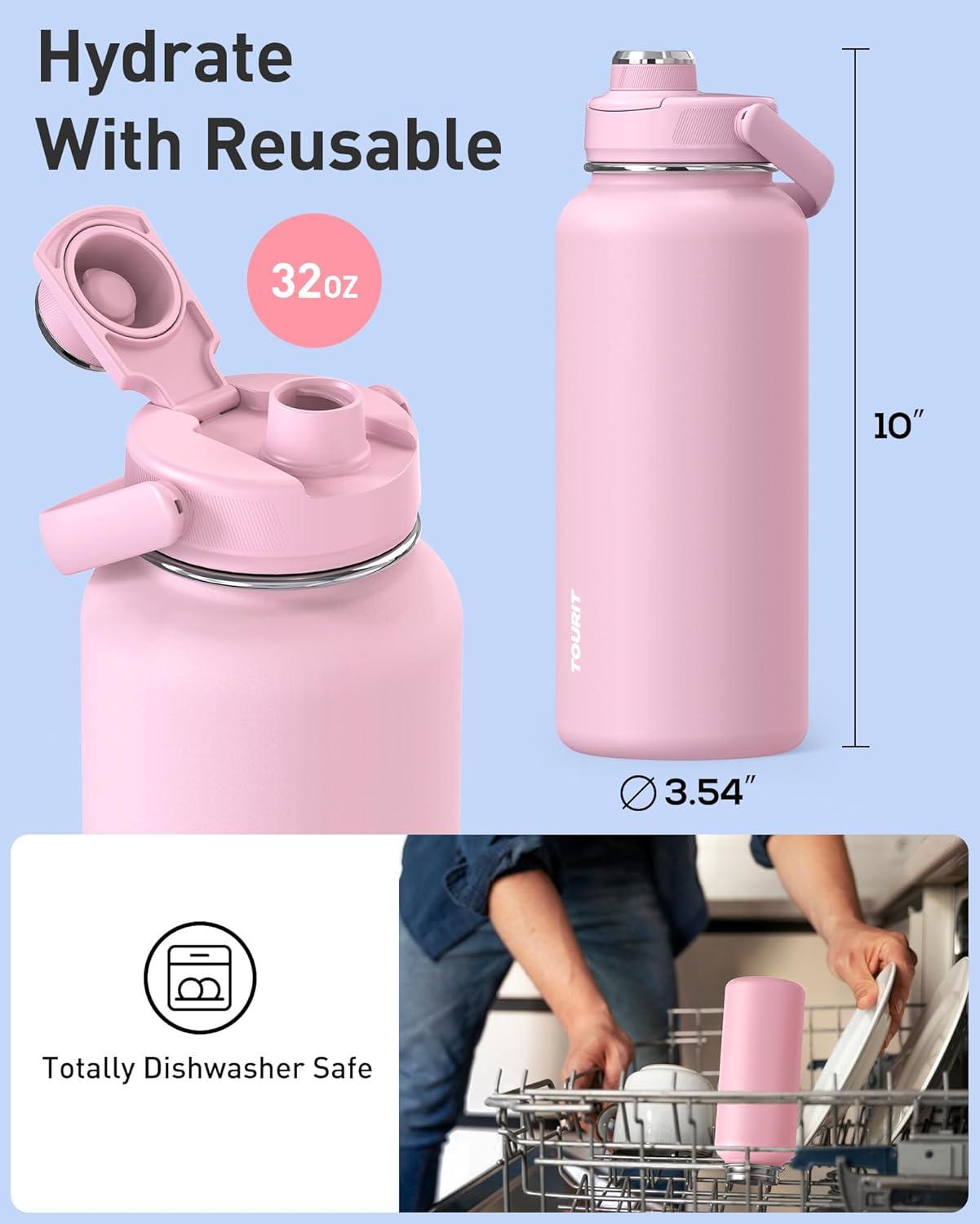 imageTOURIT 32 oz Insulated Water Bottle Stainless Steel Sports Water Bottles With Top Handle DoubleWall Travel Thermal Water Flask BPA Free Leakproof Water Bottle for Sports and Travel ObsidianPink