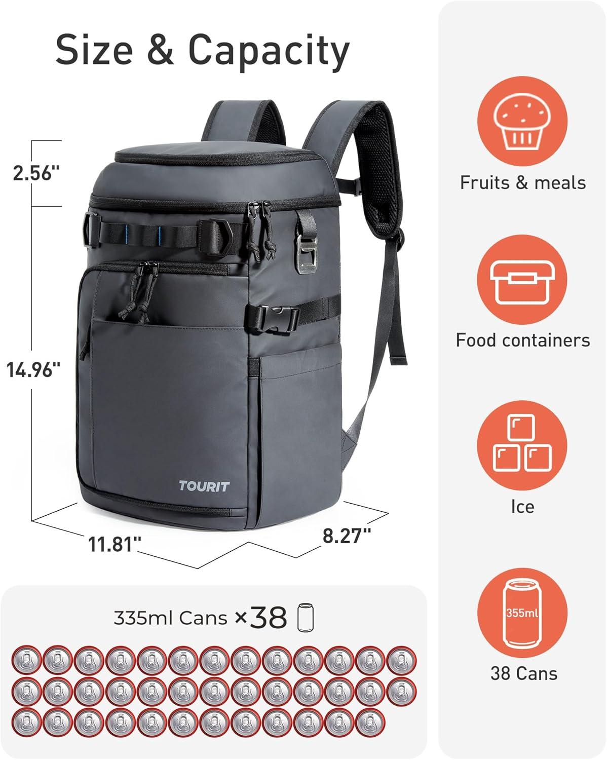 imageTOURIT 38 Cans Backpack Cooler Leak Proof Waterproof 2 Insulated Compartments Soft Cooler Bag Beach Travel Camping PicnicAbyss Black