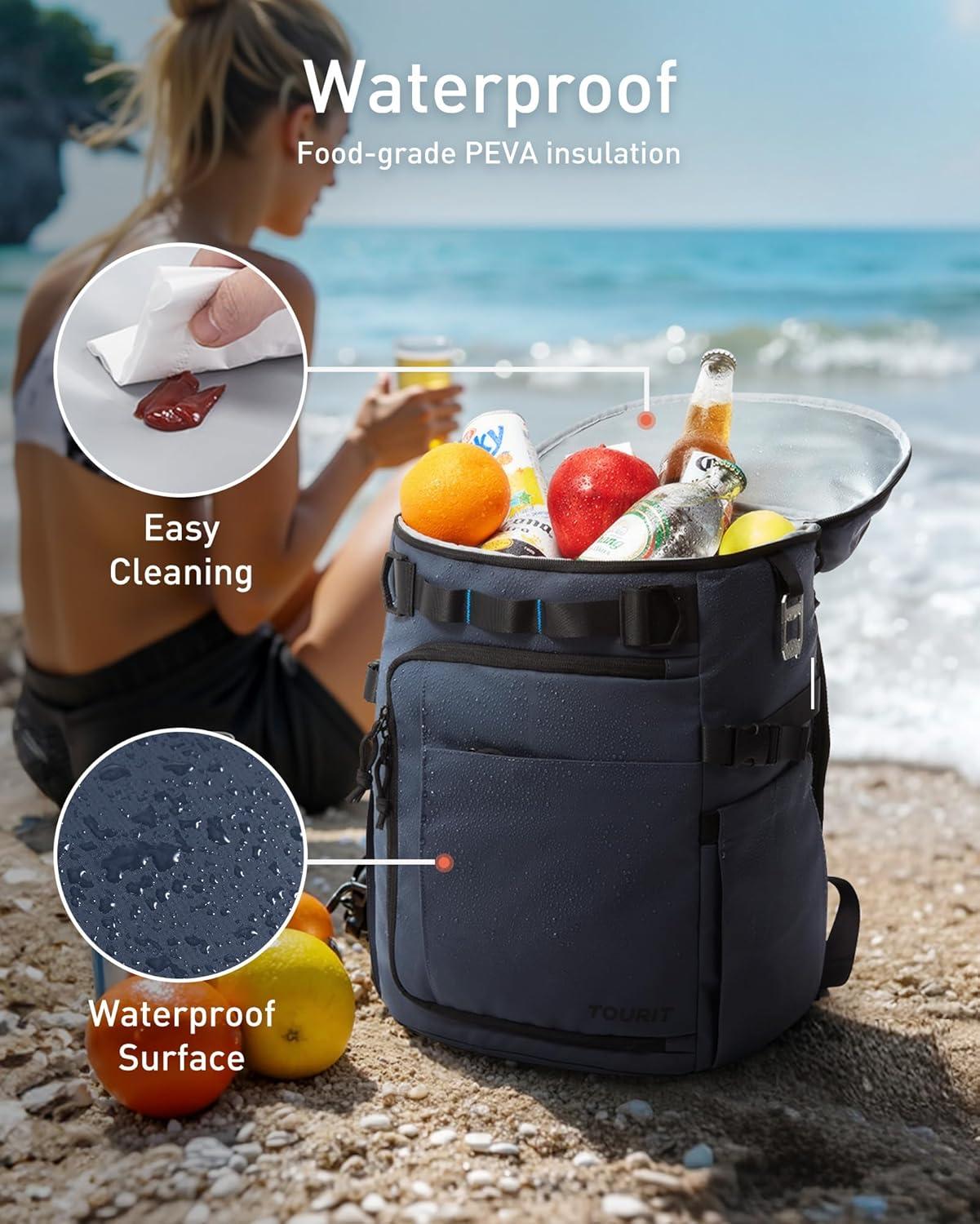 imageTOURIT 38 Cans Backpack Cooler Leak Proof Waterproof 2 Insulated Compartments Soft Cooler Bag Beach Travel Camping PicnicAbyss Black