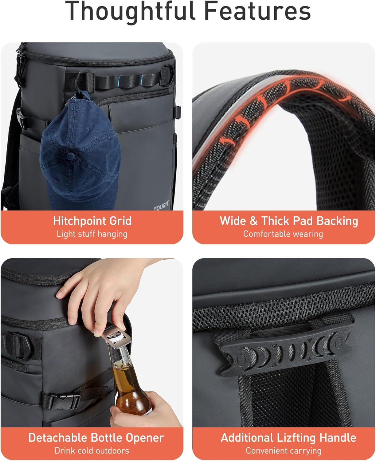 imageTOURIT 38 Cans Backpack Cooler Leak Proof Waterproof 2 Insulated Compartments Soft Cooler Bag Beach Travel Camping PicnicAbyss Black