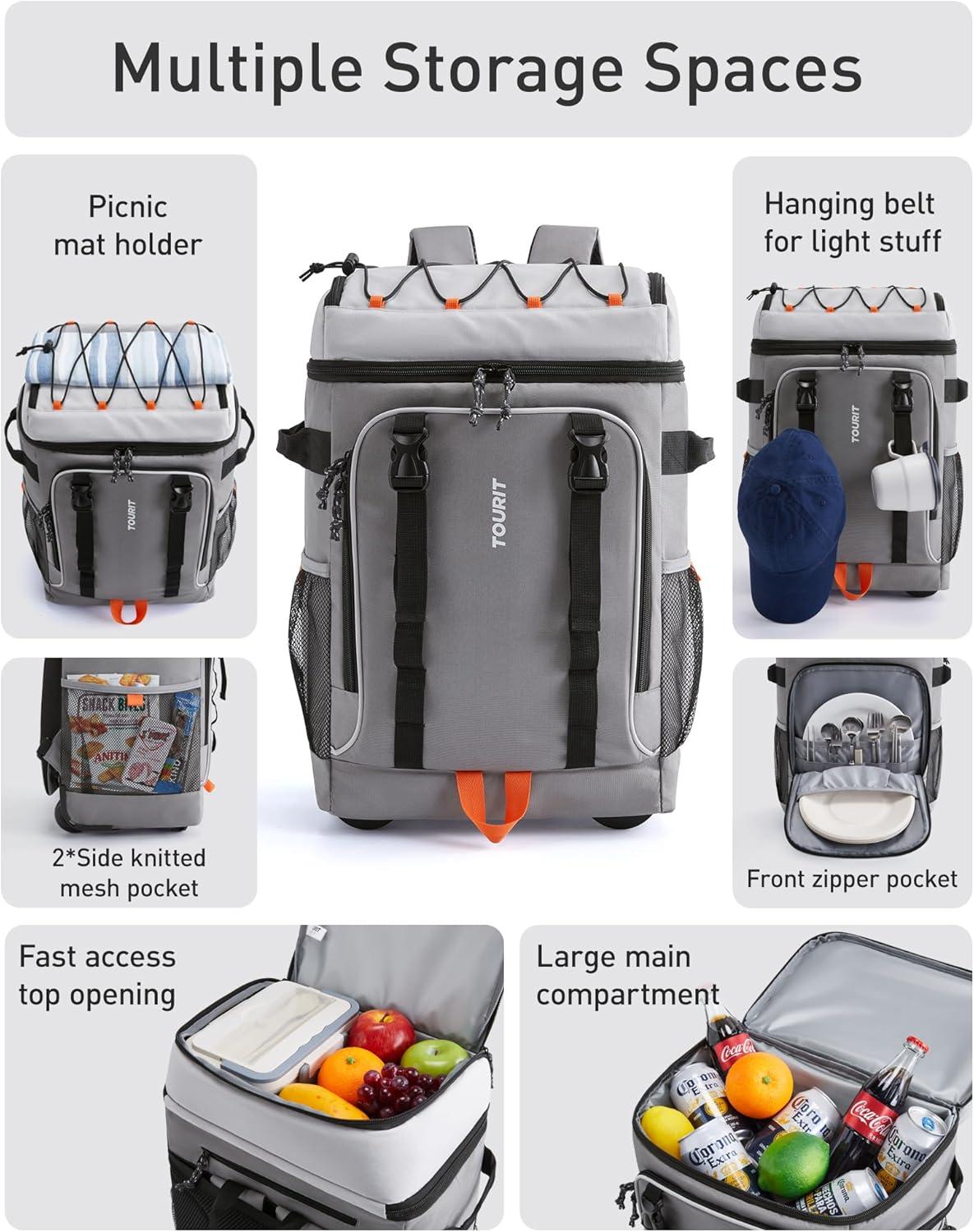 imageTOURIT 50Can Rolling Backpack Double Deck ampamp DualBar Handle Travel Soft Cooler Bag with Wheels for Women 30L Space Beach Cooler Size 18quot15quot3quot13quot11quot01Grey