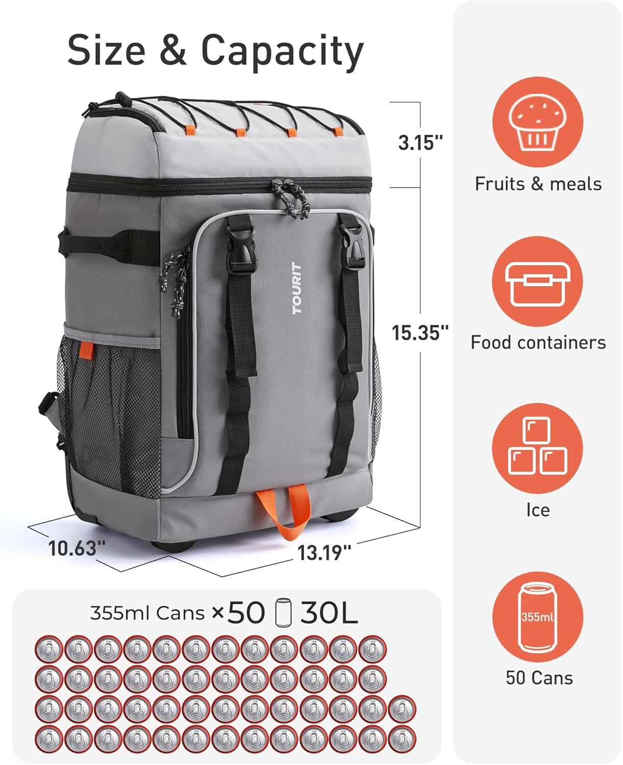 imageTOURIT 50Can Rolling Backpack Double Deck ampamp DualBar Handle Travel Soft Cooler Bag with Wheels for Women 30L Space Beach Cooler Size 18quot15quot3quot13quot11quot01Grey