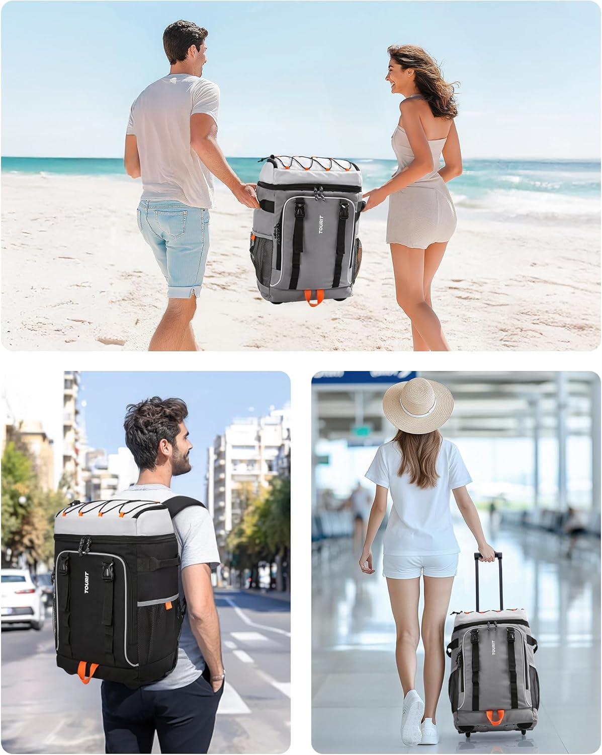 imageTOURIT 50Can Rolling Backpack Double Deck ampamp DualBar Handle Travel Soft Cooler Bag with Wheels for Women 30L Space Beach Cooler Size 18quot15quot3quot13quot11quot01Grey