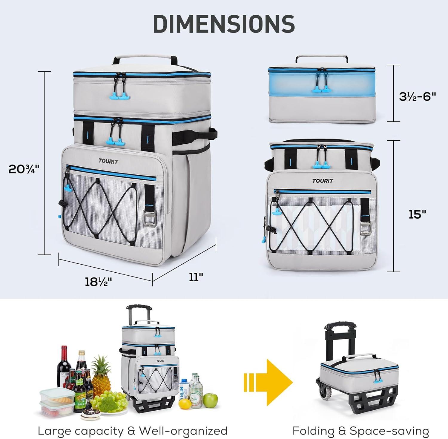 imageTOURIT 75 Can Rolling Cooler Detachable Double Deck Beach Cooler with Wheels Collapsible for Outdoor Camping Picnic TravelLight Gray