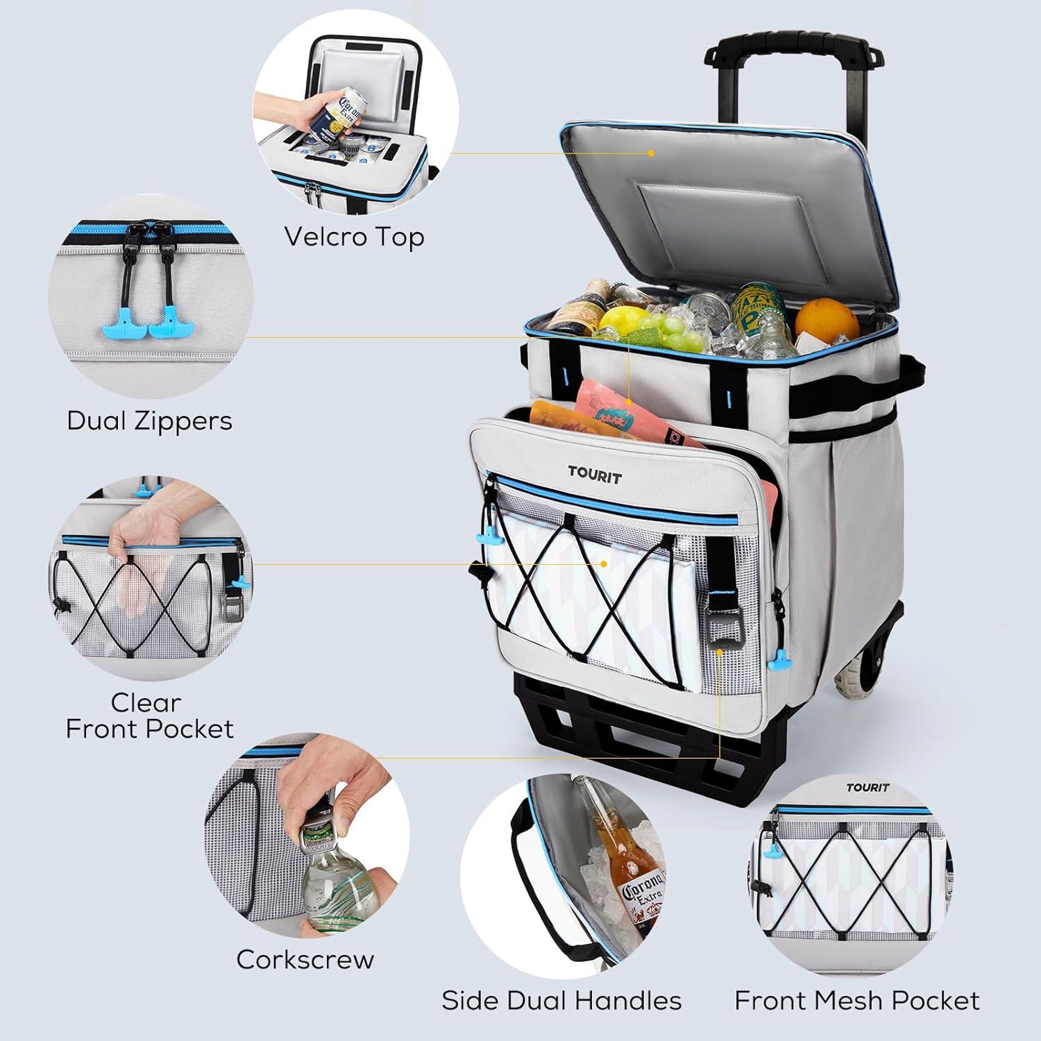 imageTOURIT 75 Can Rolling Cooler Detachable Double Deck Beach Cooler with Wheels Collapsible for Outdoor Camping Picnic TravelLight Gray