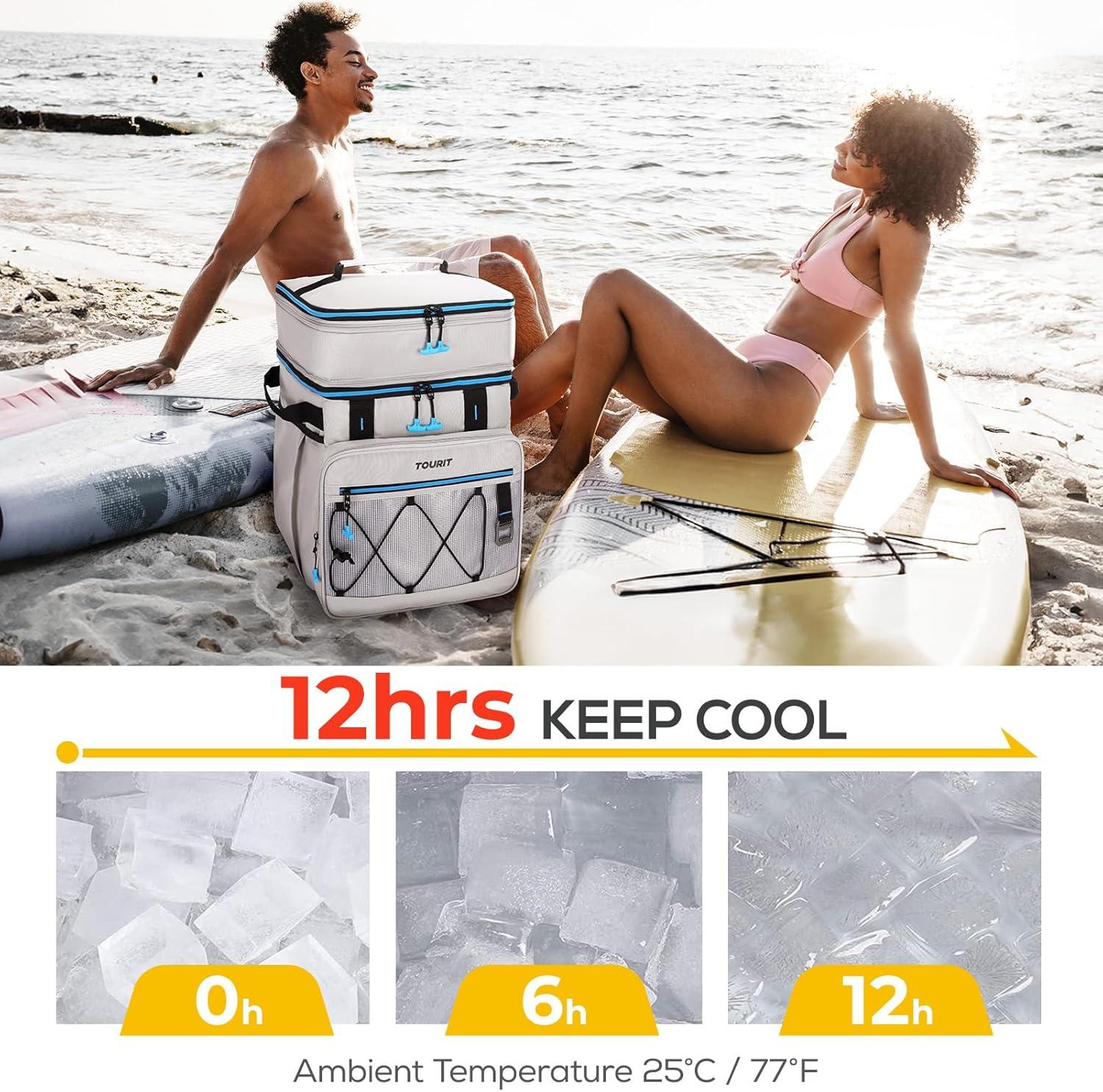imageTOURIT 75 Can Rolling Cooler Detachable Double Deck Beach Cooler with Wheels Collapsible for Outdoor Camping Picnic TravelLight Gray