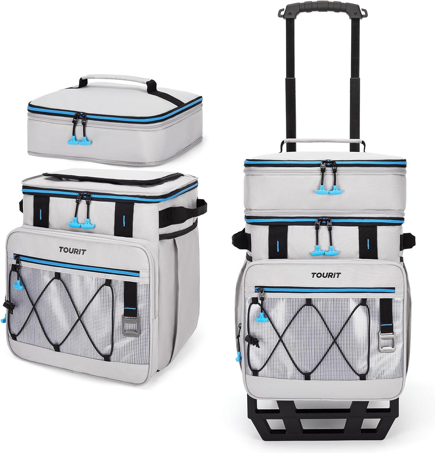 imageTOURIT 75 Can Rolling Cooler Detachable Double Deck Beach Cooler with Wheels Collapsible for Outdoor Camping Picnic TravelLight Gray