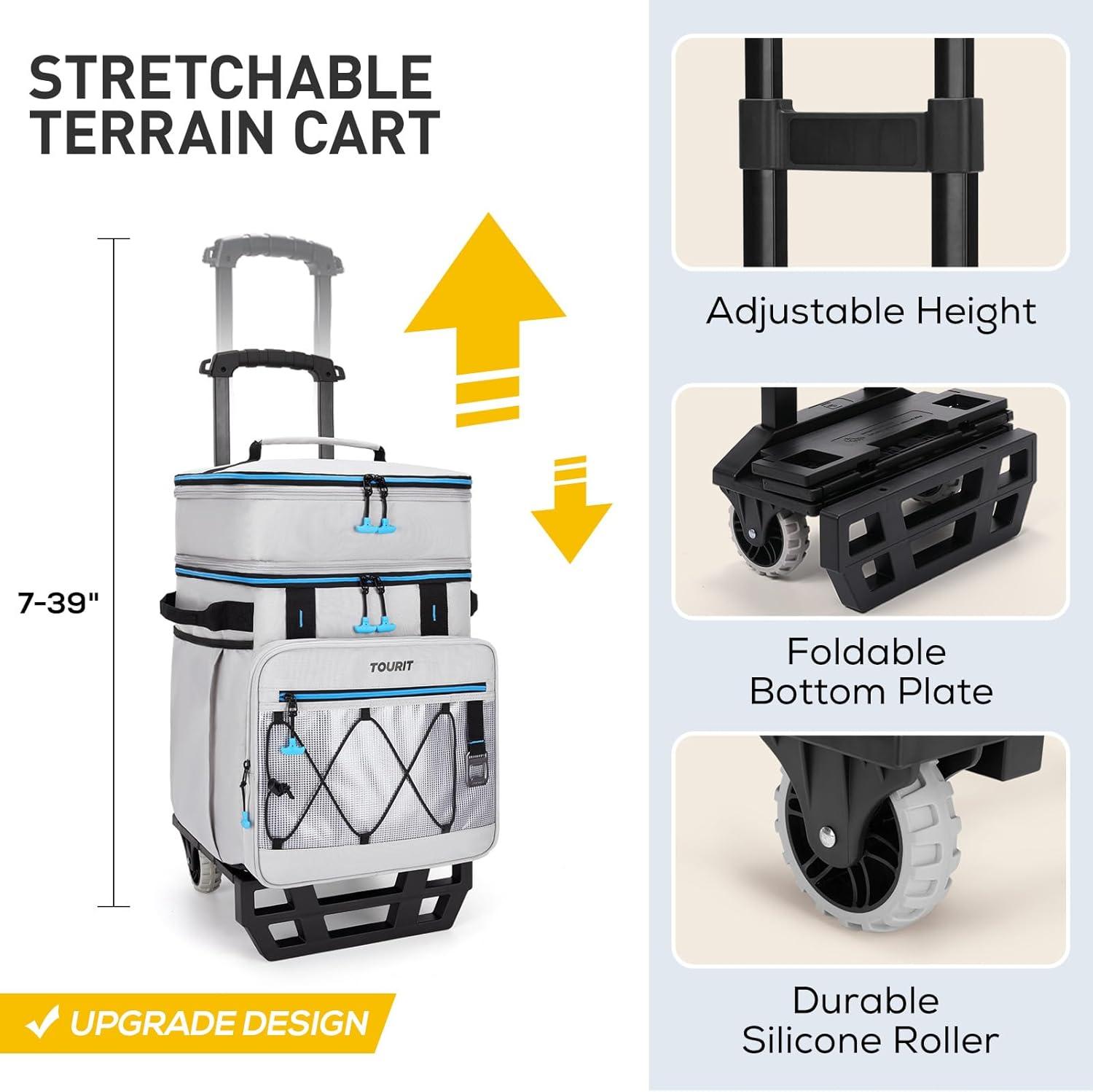 imageTOURIT 75 Can Rolling Cooler Detachable Double Deck Beach Cooler with Wheels Collapsible for Outdoor Camping Picnic TravelLight Gray
