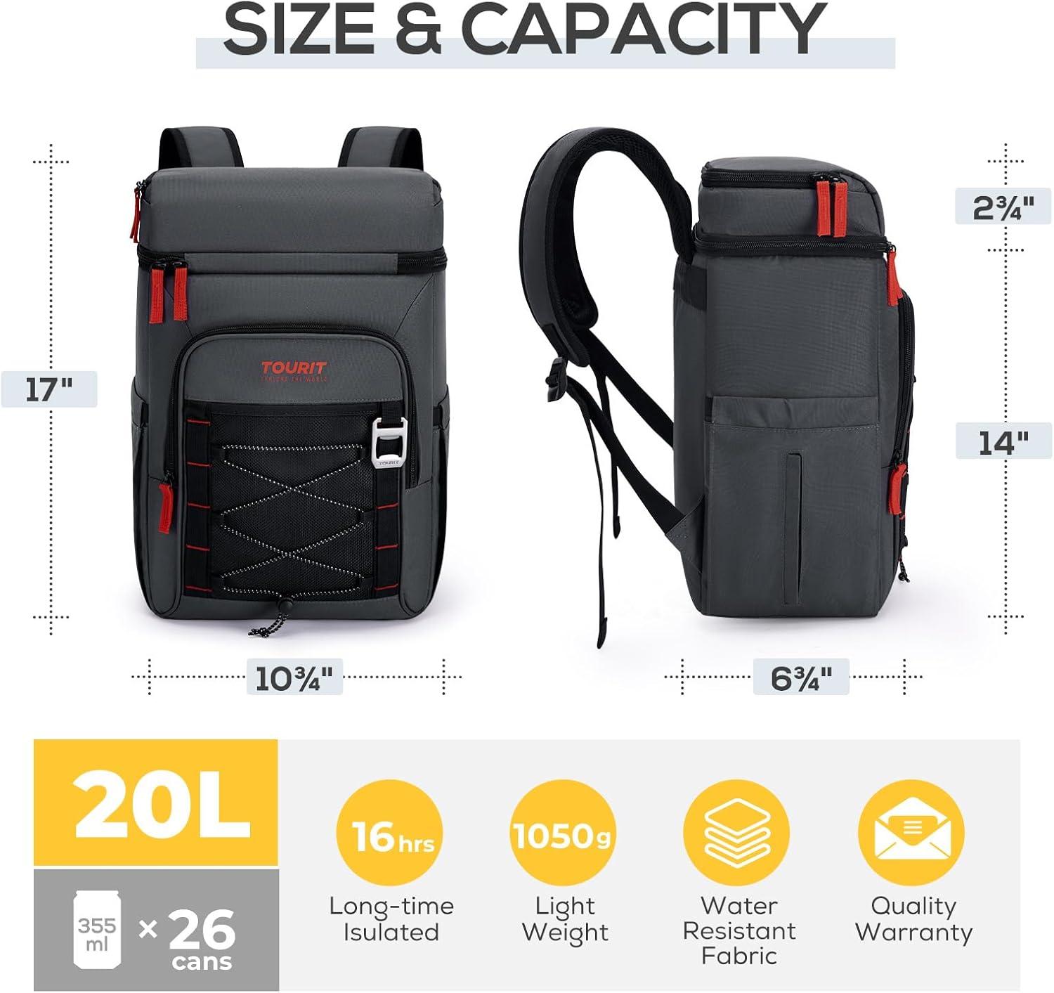 imageTOURIT Backpack Cooler Insulated Leak Proof 30 Can 2 Thick Insulated Compartments Thermal Bag Waterproof Lightweight Beach Travel CampingDark Grey