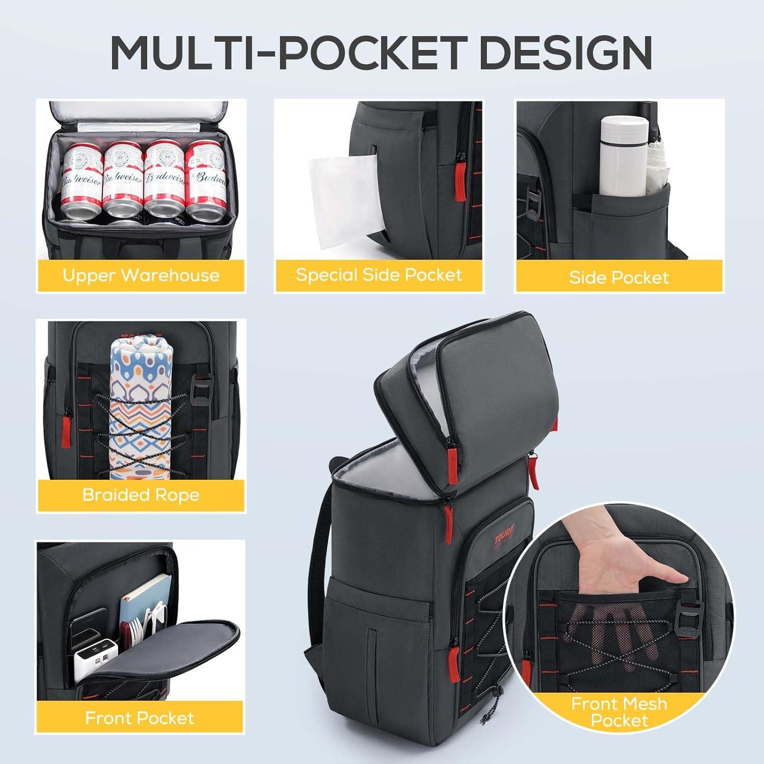 imageTOURIT Backpack Cooler Insulated Leak Proof 30 Can 2 Thick Insulated Compartments Thermal Bag Waterproof Lightweight Beach Travel CampingDark Grey