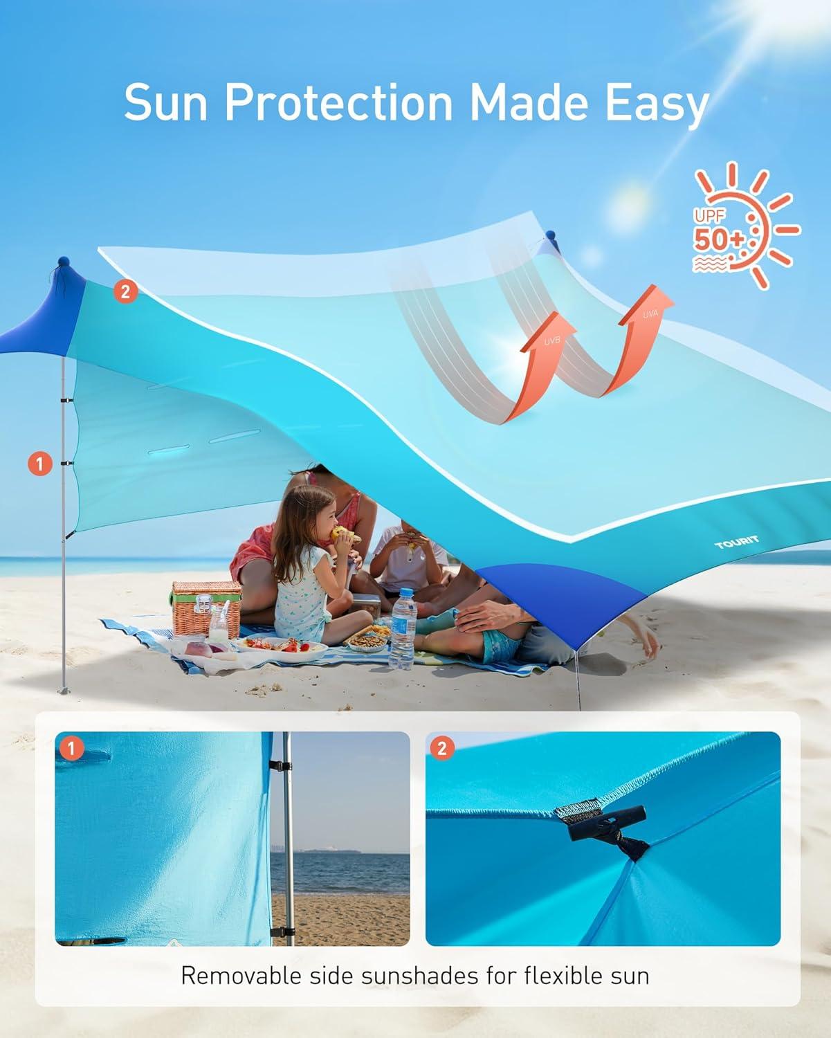 imageTOURIT Beach Tent Sun Shelter 11x11ft UPF50 Protection Beach Canopy Tent Sun Shade with Windproof Design Outdoor Canopy for Camping Fishing Backyard BlueGreen