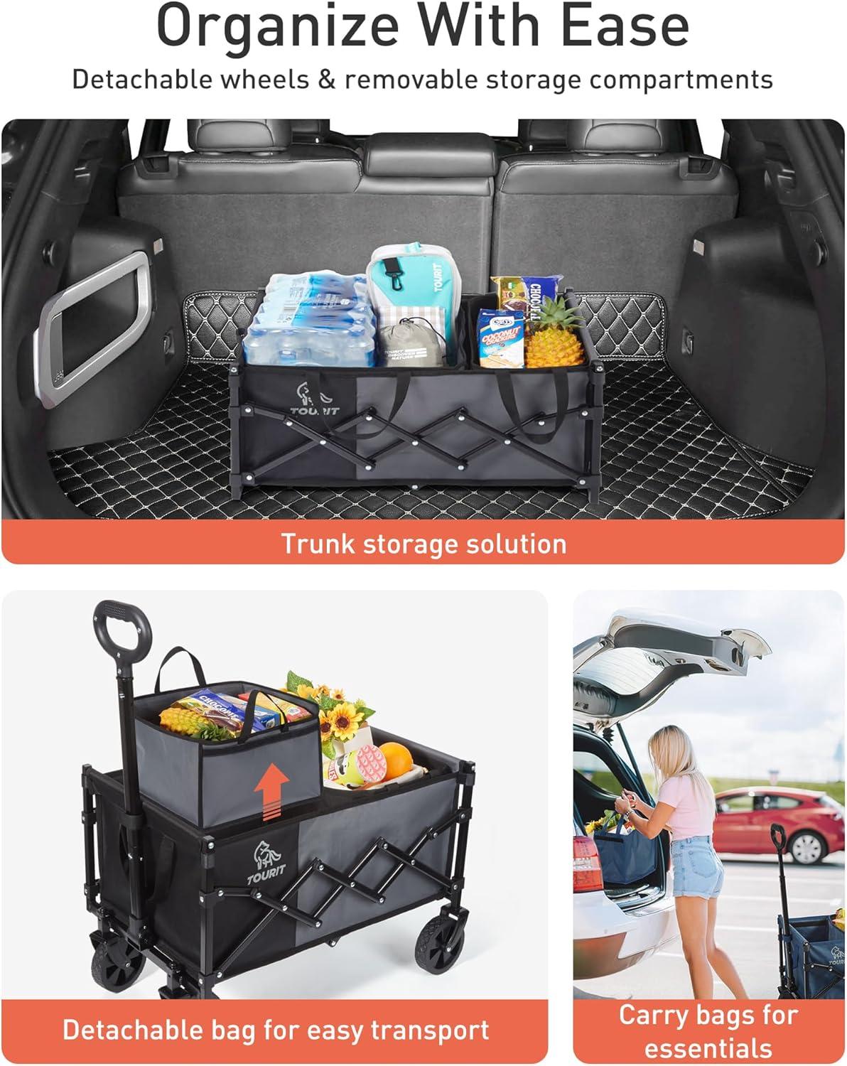 imageTOURIT Foldable Collapsible Wagon with All Terrain Wheels Heavy Duty Portable Cart for Camping Beach Shopping 330 lbs Capacity Utility Cart BlackBlack