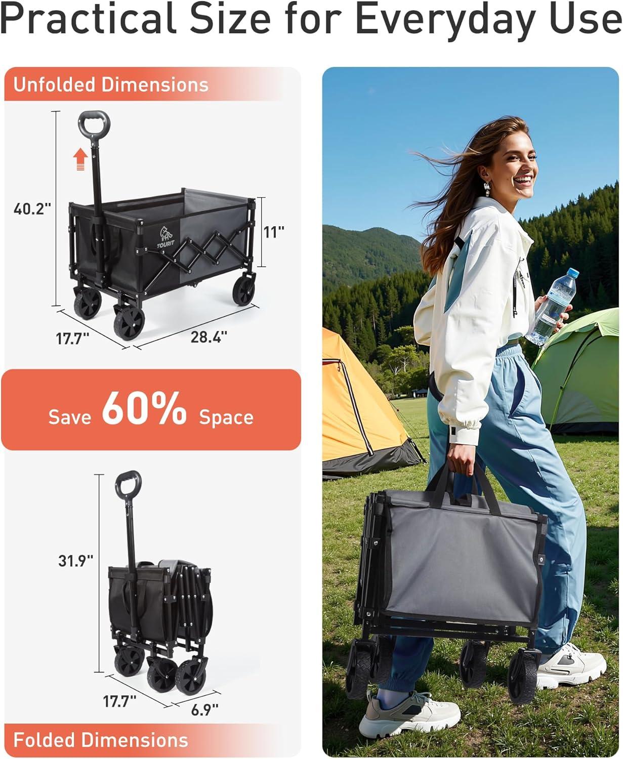 imageTOURIT Foldable Collapsible Wagon with All Terrain Wheels Heavy Duty Portable Cart for Camping Beach Shopping 330 lbs Capacity Utility Cart BlackBlack