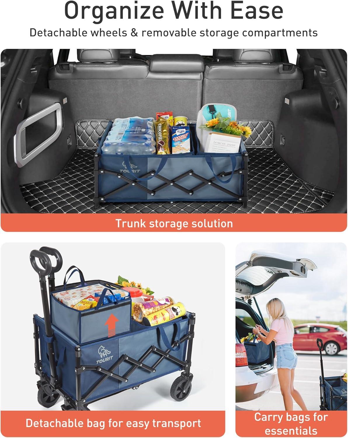 imageTOURIT Foldable Collapsible Wagon with All Terrain Wheels Heavy Duty Portable Cart for Camping Beach Shopping 330 lbs Capacity Utility Cart BlackGrayish Blue