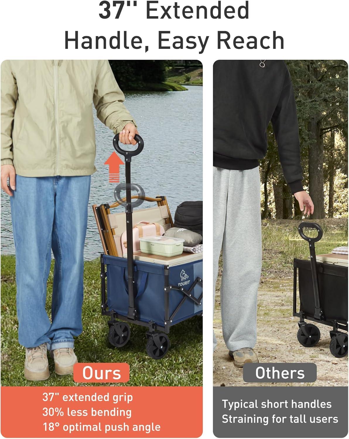 imageTOURIT Foldable Collapsible Wagon with All Terrain Wheels Heavy Duty Portable Cart for Camping Beach Shopping 330 lbs Capacity Utility Cart BlackGrayish Blue