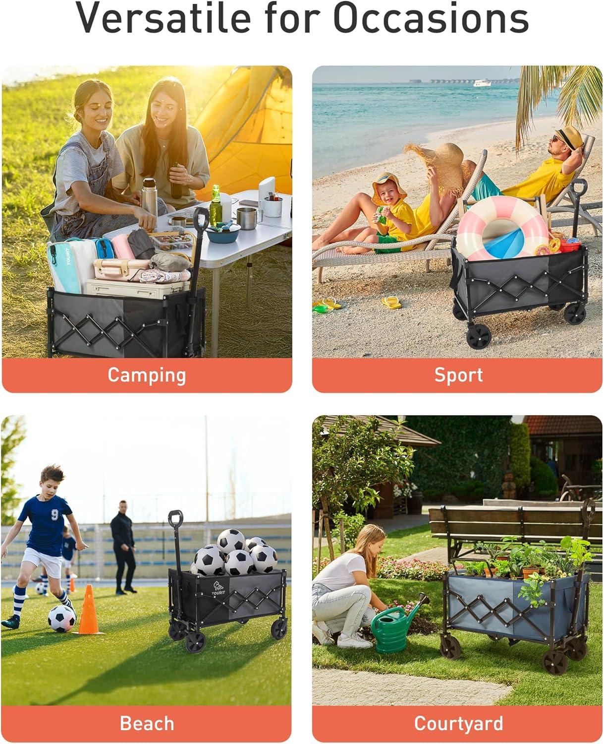 imageTOURIT Foldable Collapsible Wagon with All Terrain Wheels Heavy Duty Portable Cart for Camping Beach Shopping 330 lbs Capacity Utility Cart BlackGrayish Blue