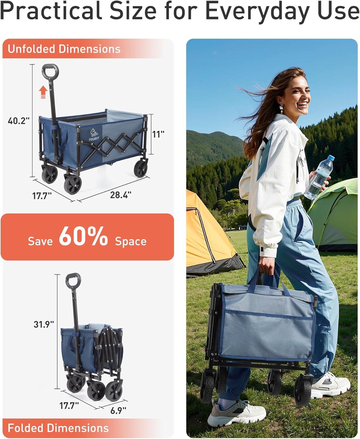 imageTOURIT Foldable Collapsible Wagon with All Terrain Wheels Heavy Duty Portable Cart for Camping Beach Shopping 330 lbs Capacity Utility Cart BlackGrayish Blue