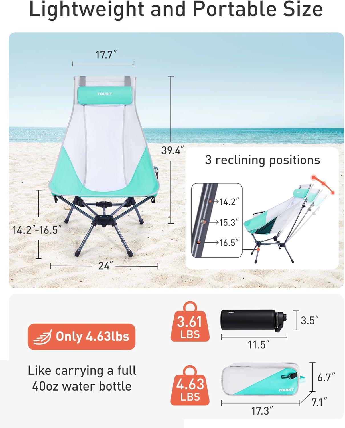 imageTOURIT Folding Beach Chair with Sunshade Portable Camping Backpack Chair with Head Support Low Profile Lightweight High Back Design for Adults UPF 50 Sun Protection Supports 380 lbs BlackHteal2 Pack