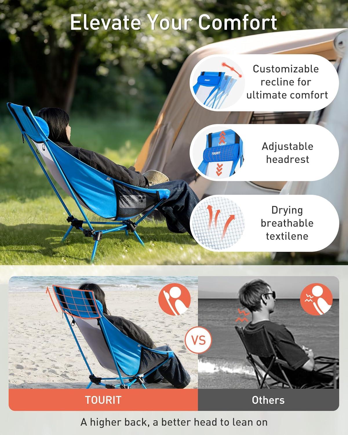 imageTOURIT Folding Beach Chair with Sunshade Portable Camping Backpack Chair with Head Support Low Profile Lightweight High Back Design for Adults UPF 50 Sun Protection Supports 380 lbs BlackFblue2 Pack