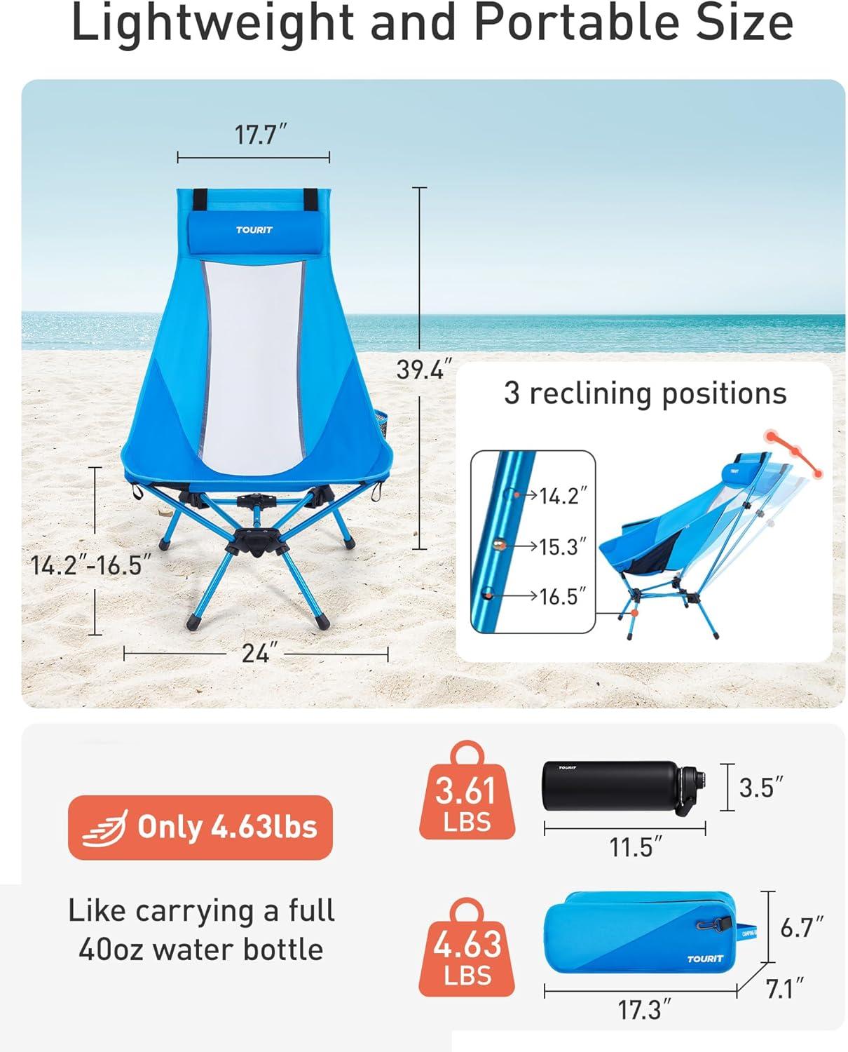 imageTOURIT Folding Beach Chair with Sunshade Portable Camping Backpack Chair with Head Support Low Profile Lightweight High Back Design for Adults UPF 50 Sun Protection Supports 380 lbs BlackAblue