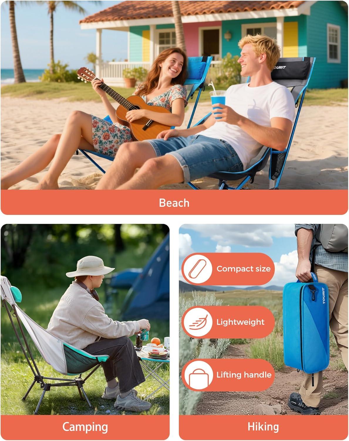 imageTOURIT Folding Beach Chair with Sunshade Portable Camping Backpack Chair with Head Support Low Profile Lightweight High Back Design for Adults UPF 50 Sun Protection Supports 380 lbs BlackGblack2 Pack