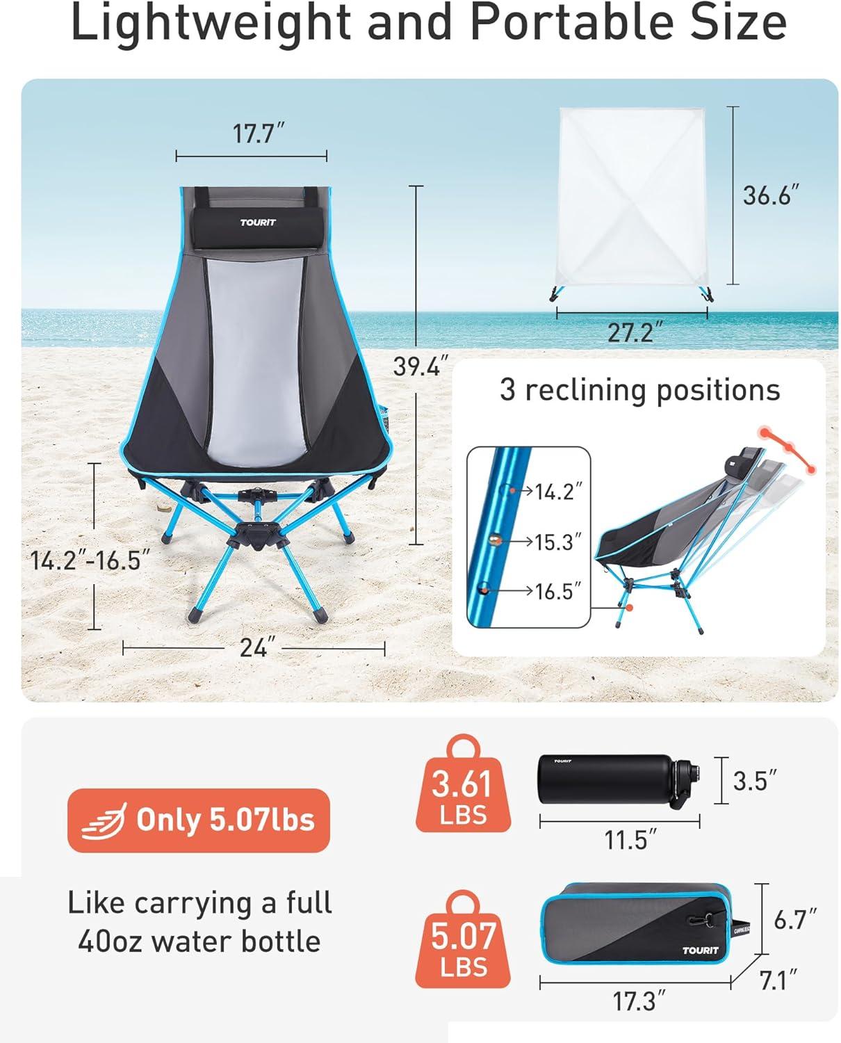 imageTOURIT Folding Beach Chair with Sunshade Portable Camping Backpack Chair with Head Support Low Profile Lightweight High Back Design for Adults UPF 50 Sun Protection Supports 380 lbs BlackEblackshade Canopy