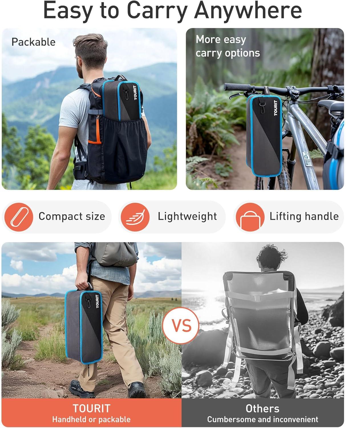 imageTOURIT Folding Beach Chair with Sunshade Portable Camping Backpack Chair with Head Support Low Profile Lightweight High Back Design for Adults UPF 50 Sun Protection Supports 380 lbs BlackBblack