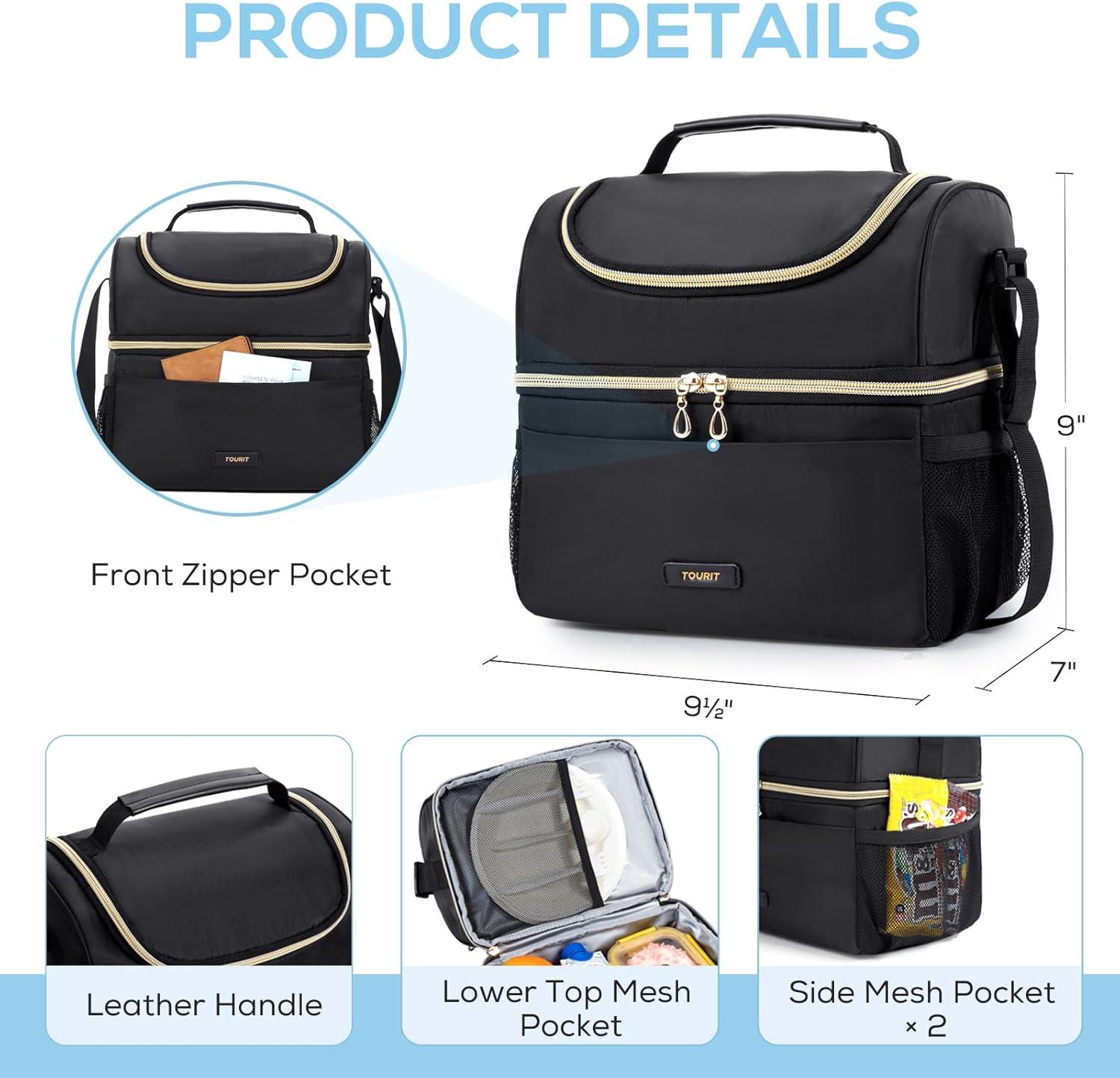 imageTOURIT Insulated Lunch Box Bag Double Deck Leakproof Cooler Tote for Work Office Picnic Expandable Lunch Container Pink01Black