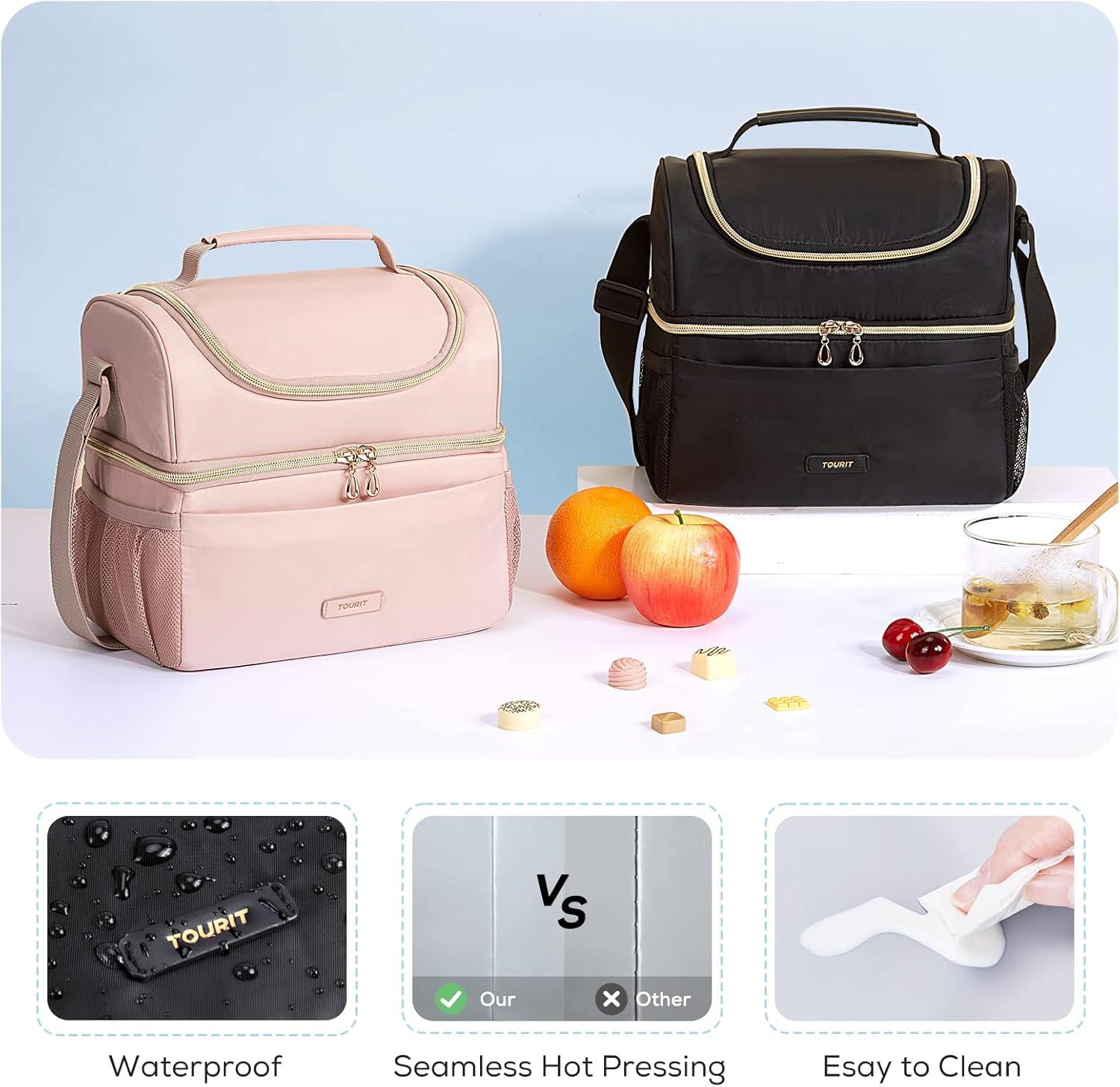 imageTOURIT Insulated Lunch Box Bag Double Deck Leakproof Cooler Tote for Work Office Picnic Expandable Lunch Container Pink01Black