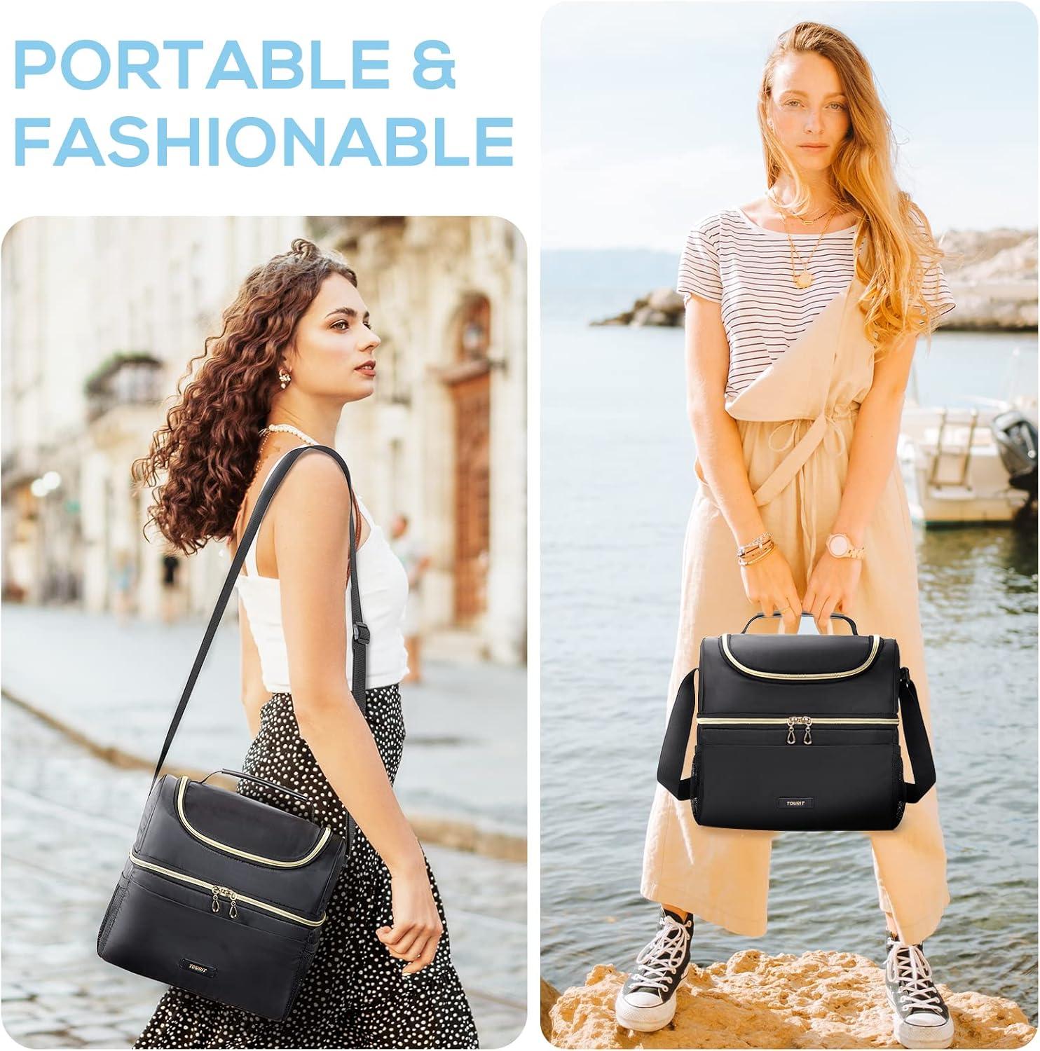 imageTOURIT Insulated Lunch Box Bag Double Deck Leakproof Cooler Tote for Work Office Picnic Expandable Lunch Container Pink01Black