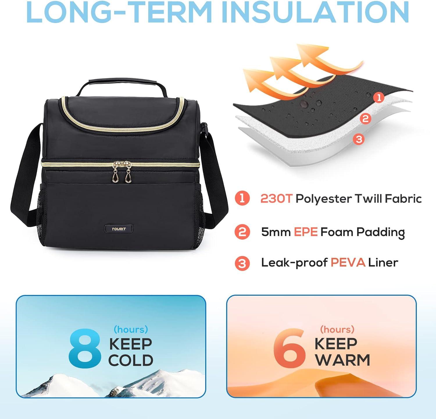 imageTOURIT Insulated Lunch Box Bag Double Deck Leakproof Cooler Tote for Work Office Picnic Expandable Lunch Container Pink01Black