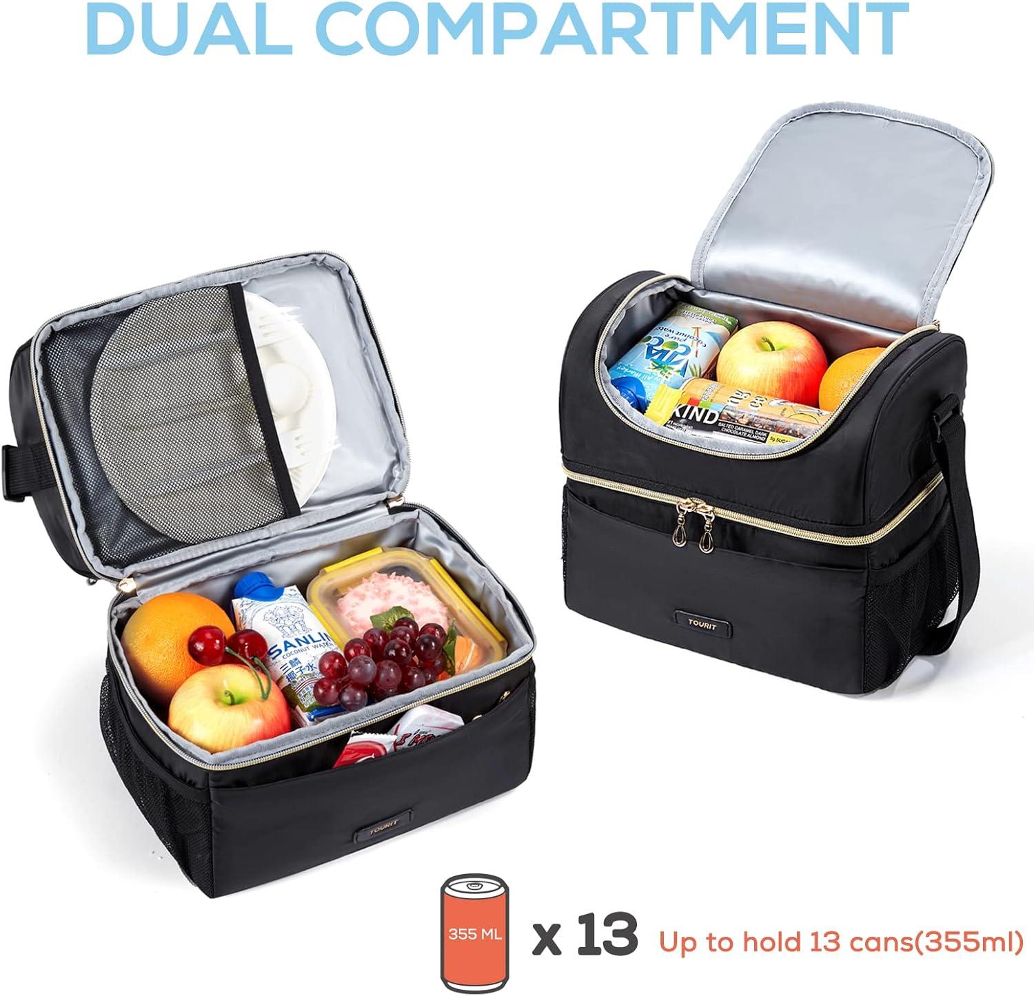 imageTOURIT Insulated Lunch Box Bag Double Deck Leakproof Cooler Tote for Work Office Picnic Expandable Lunch Container Pink01Black