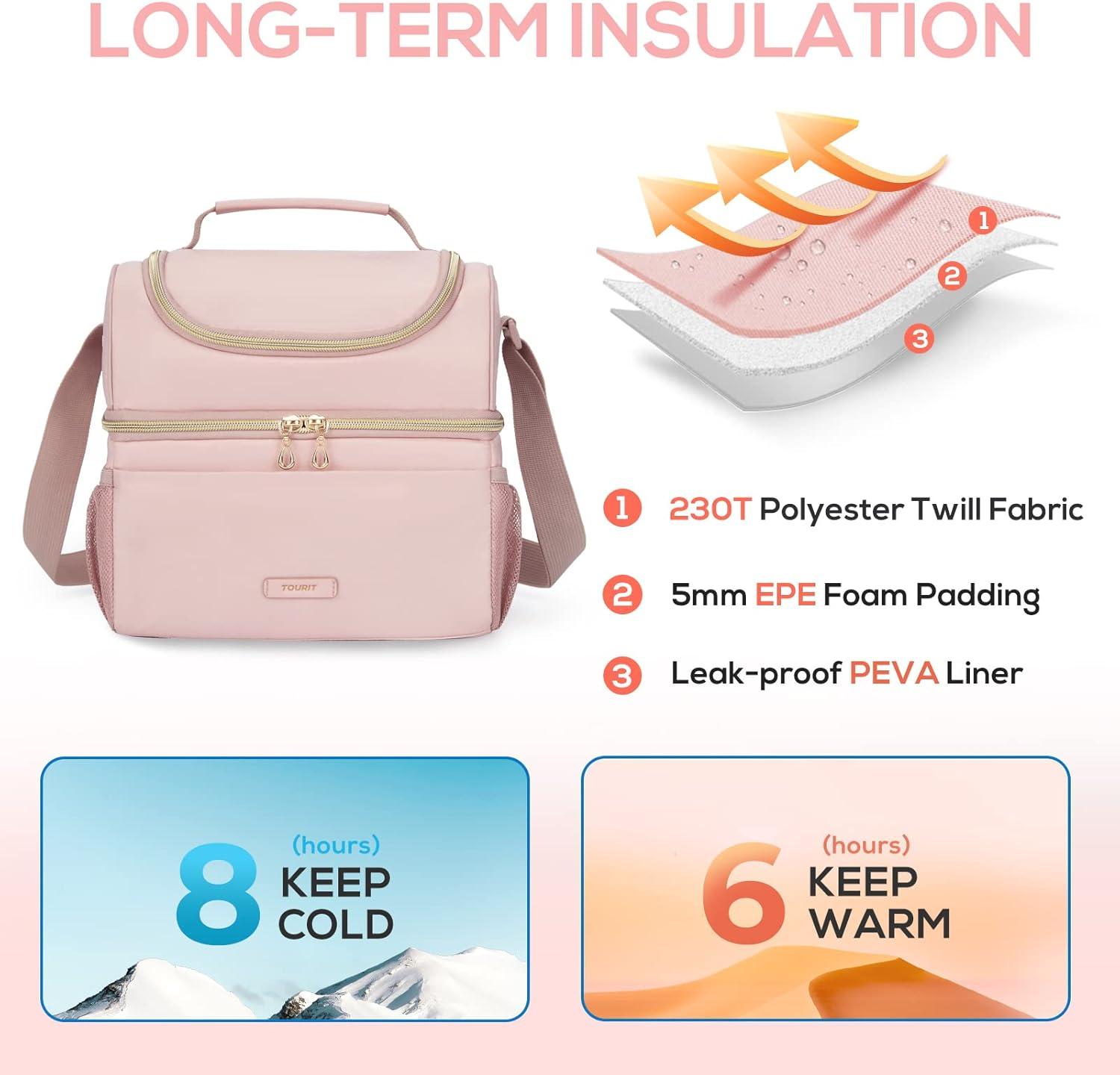imageTOURIT Insulated Lunch Box Bag Double Deck Leakproof Cooler Tote for Work Office Picnic Expandable Lunch Container Pink02Pink